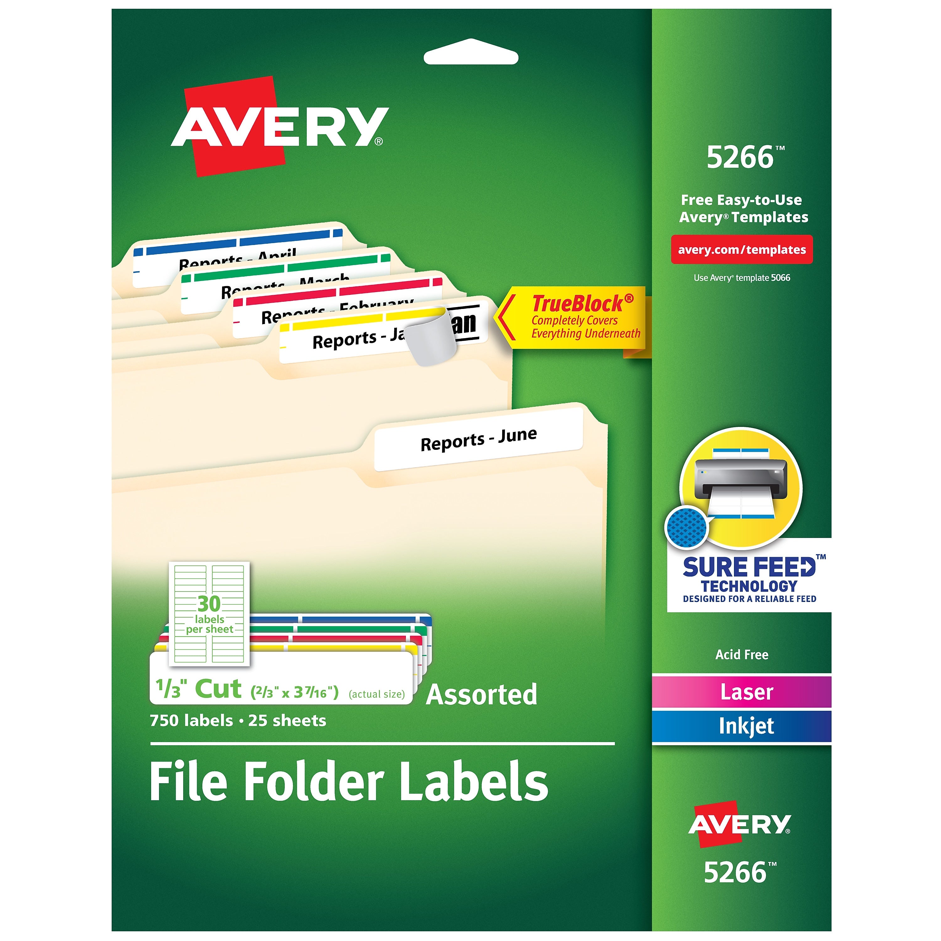 Avery TrueBlock Laser/Inkjet File Folder Labels, 2/3" x 3-7/16", Assorted Colors, 750 Labels/Pack (5266)