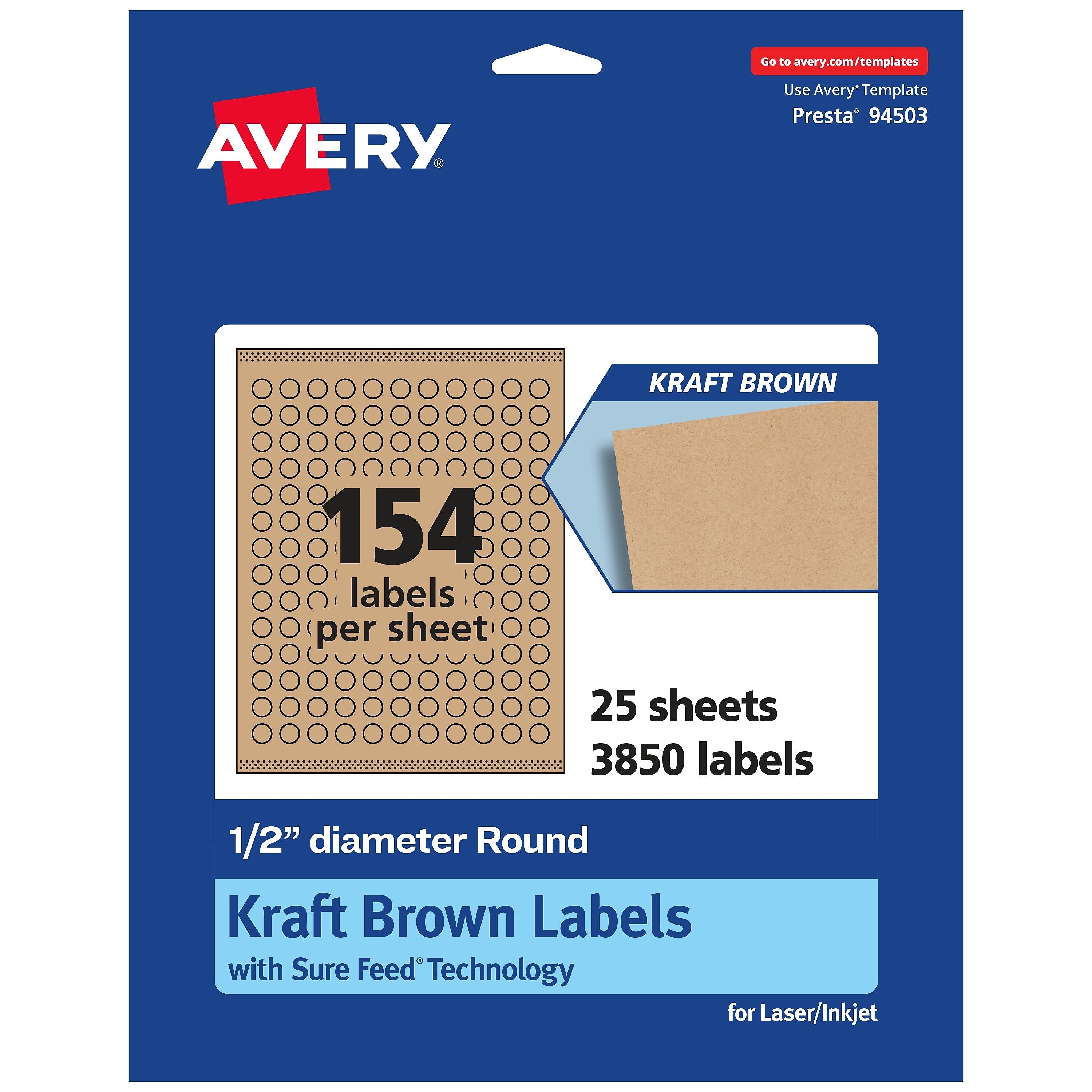 Avery Laser/Inkjet Round Multipurpose Labels, 0.5" Dia., Kraft Brown, 3,850 Labels/Pack (94503)