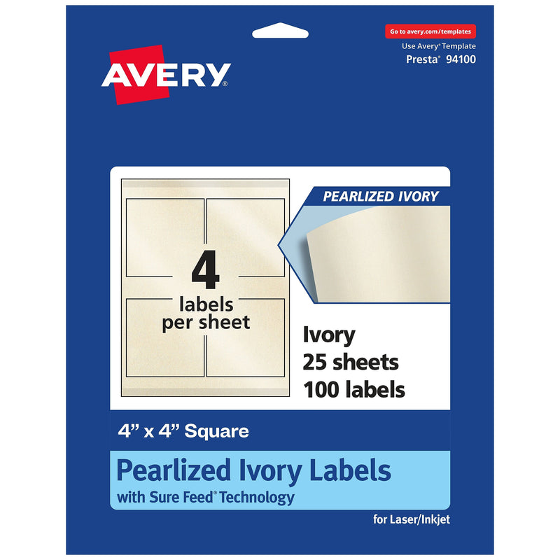 Avery Laser/Inkjet Square Pearlized Labels, 4" x 4", Ivory, 100 Labels/Pack (94100)