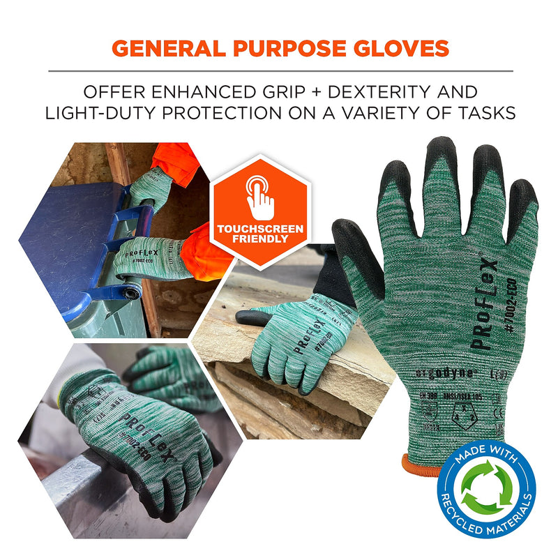 Ergodyne ProFlex 7002-ECO Recycled PU Coated Gloves, 15 Gauge, Green, 2X-Large (10566)