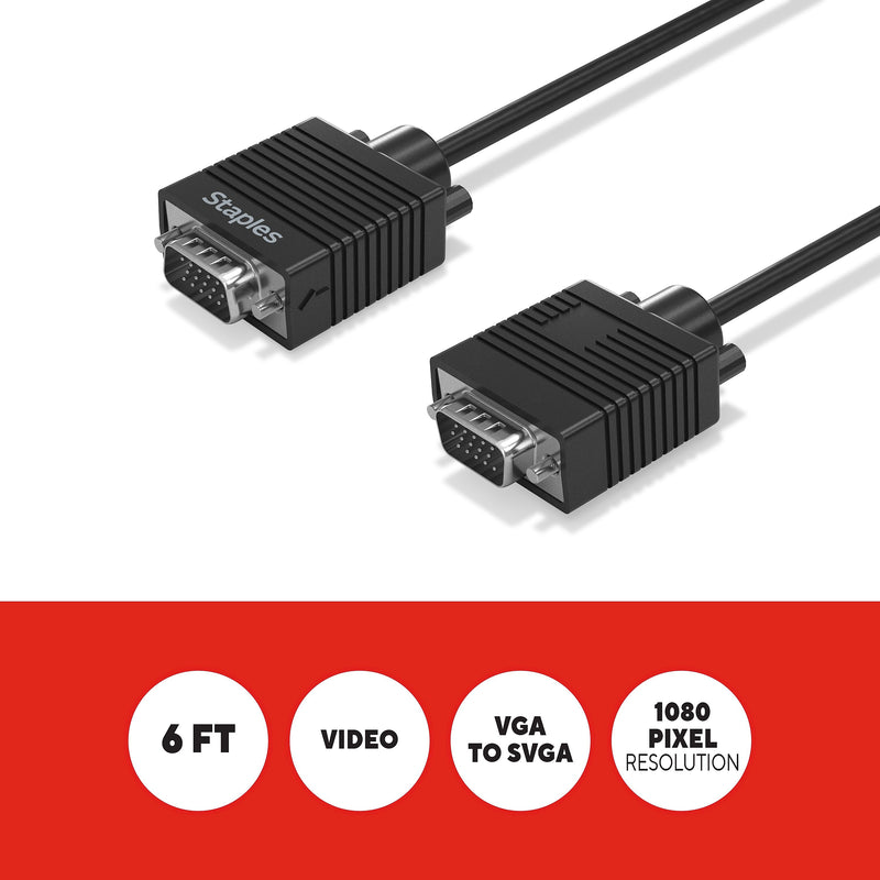 Staples TECH 6 ft. SVGA to VGA Audio/Video Cable, Male to Male, Black (ST62470)