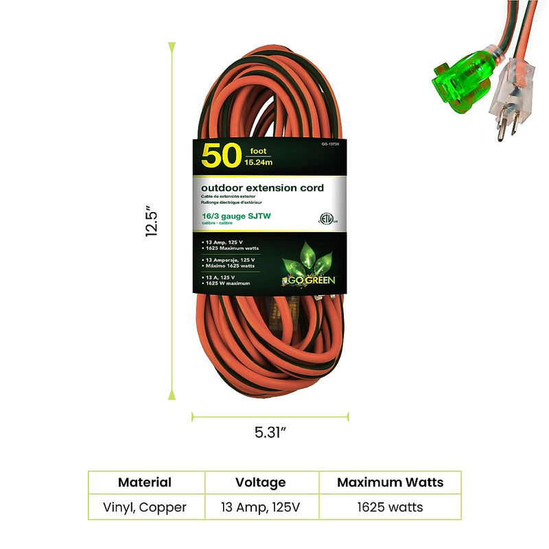 GoGreen Power 50' Indoor/Outdoor Extension Cord, 16 AWG, Orange (GG-13750)