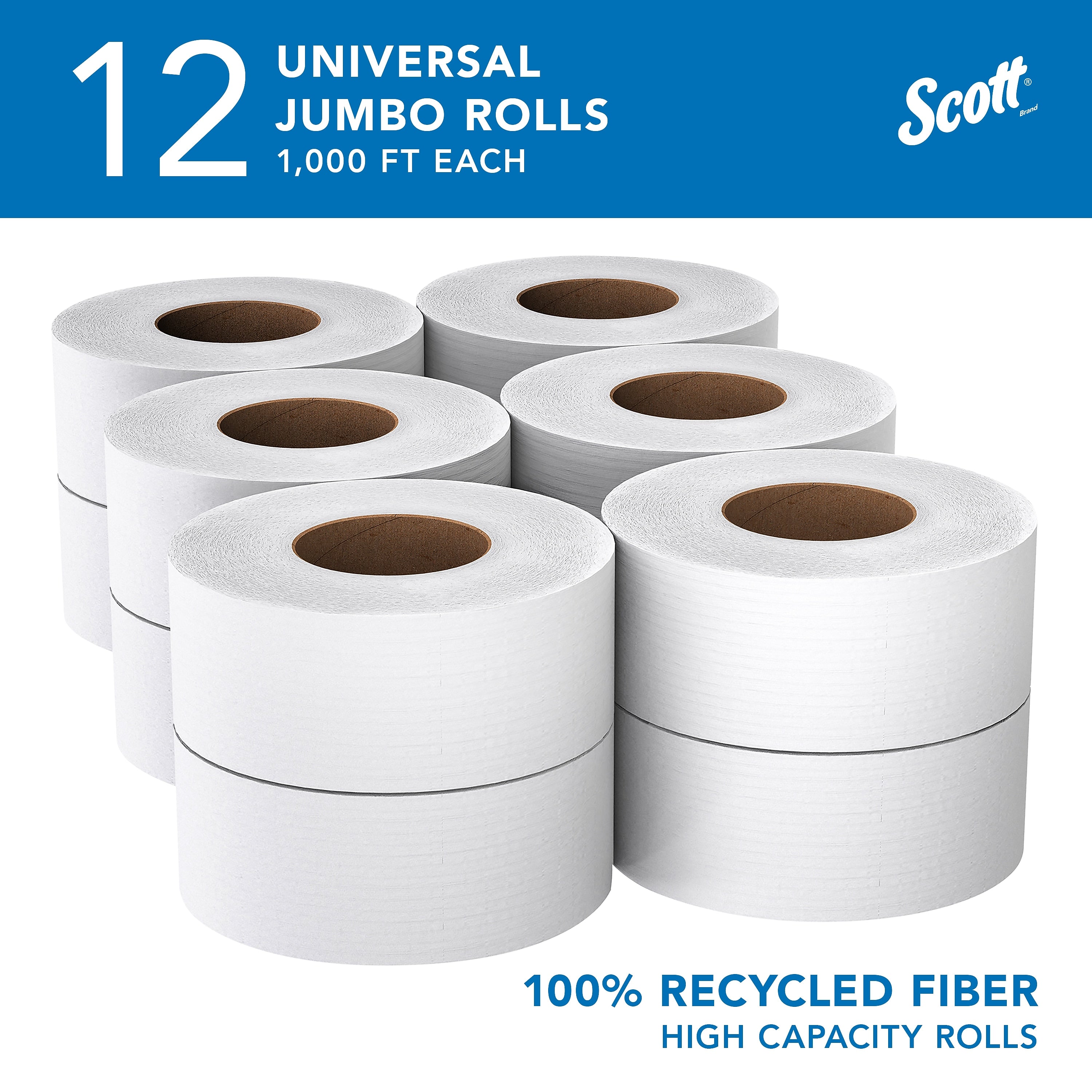 Scott 100% Recycled Fiber Jrt Jr. Bathroom Tissue, 2-Ply, 1000 ft, 12/CT