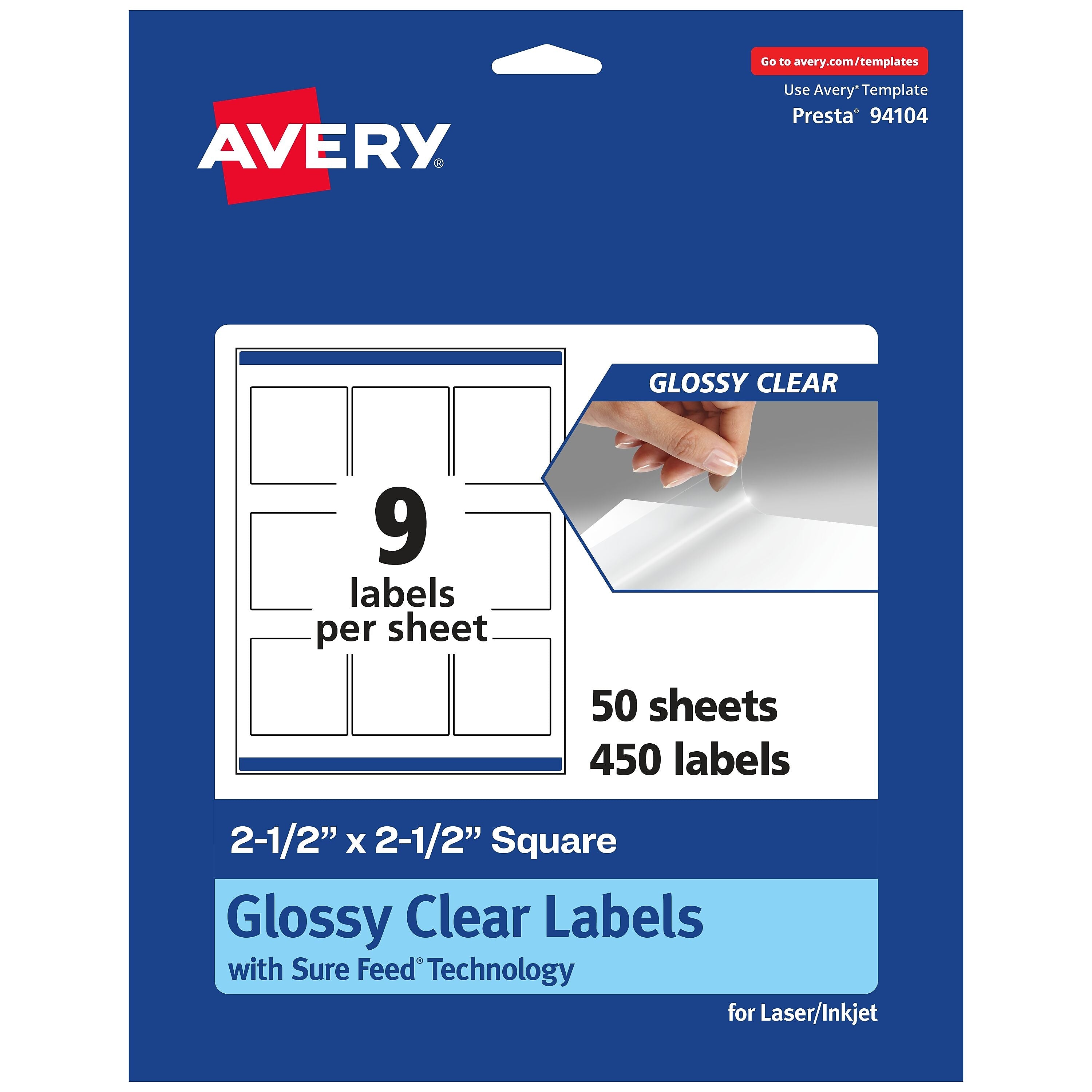 Avery Laser/Inkjet Square Glossy Labels, 2.5" x 2.5", Clear, 450 Labels/Box (94104)