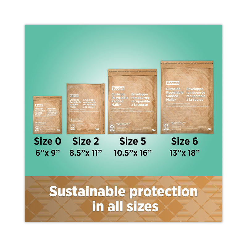 Scotch Curbside Recyclable Padded Mailer, #0, Bubble Cushion, Self-Adhesive Closure, 7 x 11.25, Natural Kraft, 100/Carton