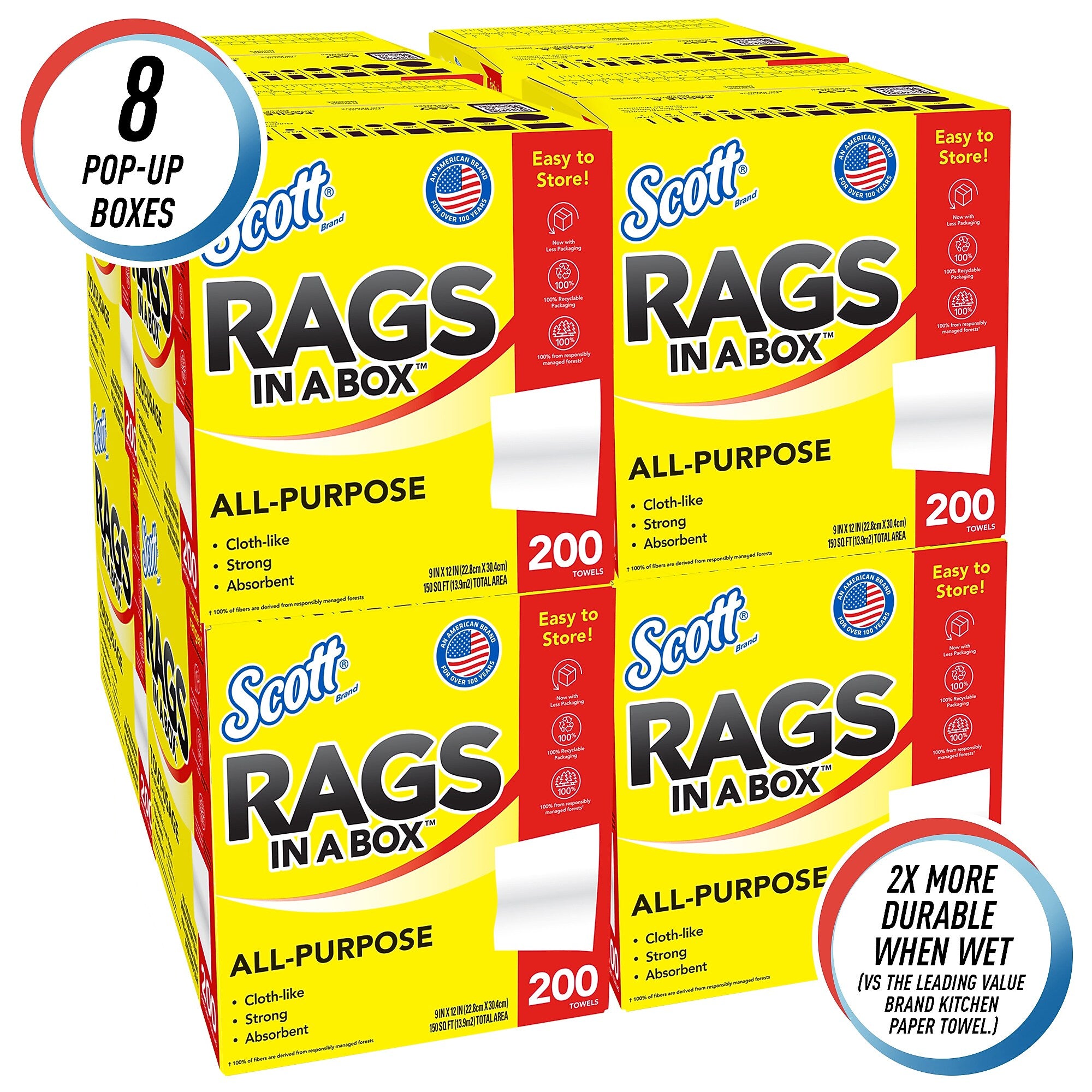 Scot Rags in a Box, 9" x 12", White, 200 Sheets/Box, 8 Boxes/Carton (75260)
