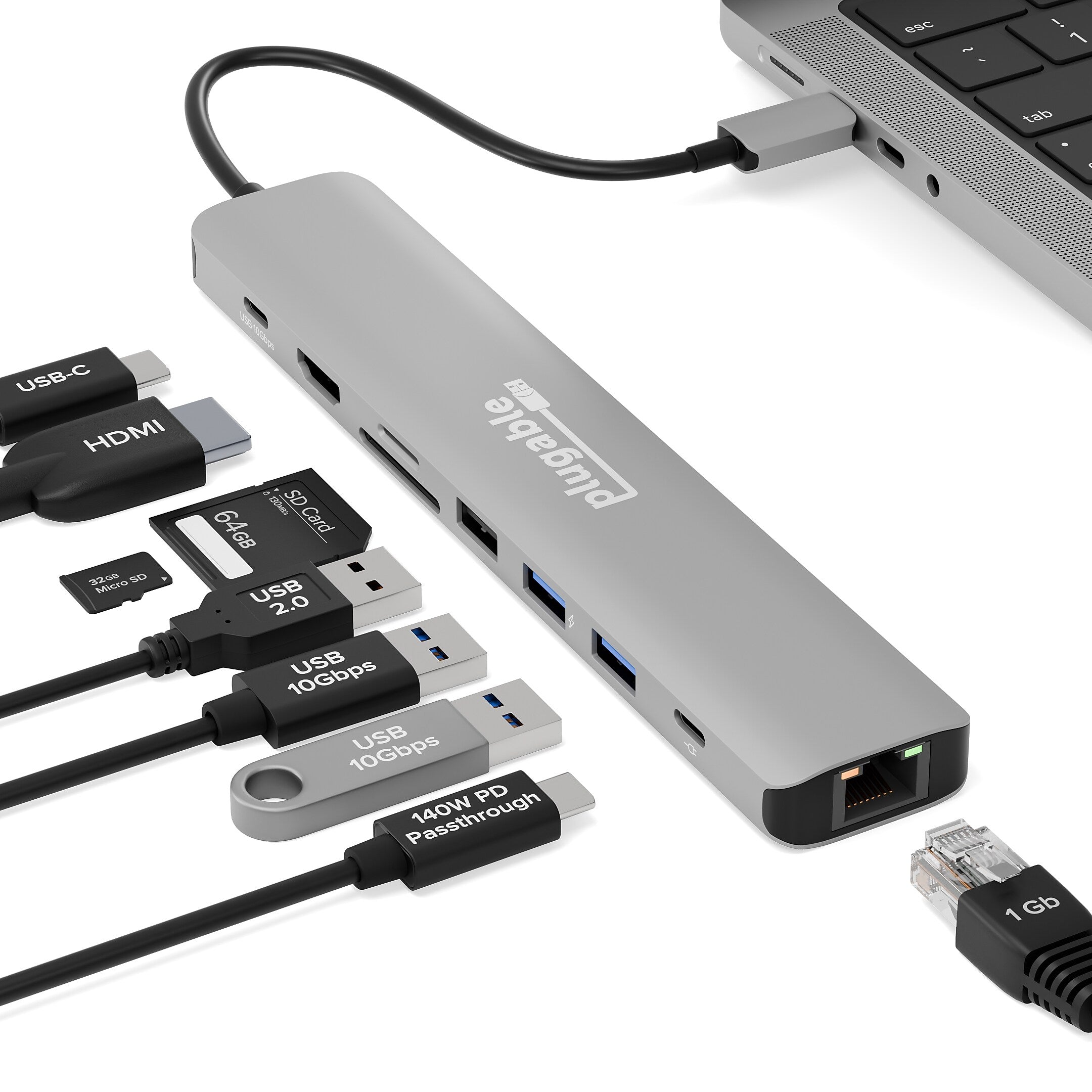 Plugable 9-Port USB-C Hub, Gray (USBC-9IN1E)
