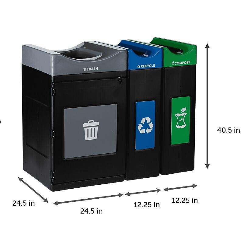 Commercial Zone Avante Series Polyethylene Triple-Stream Trash, Recycling and Compost Center, 115 Gallon, Black (787303MSA)