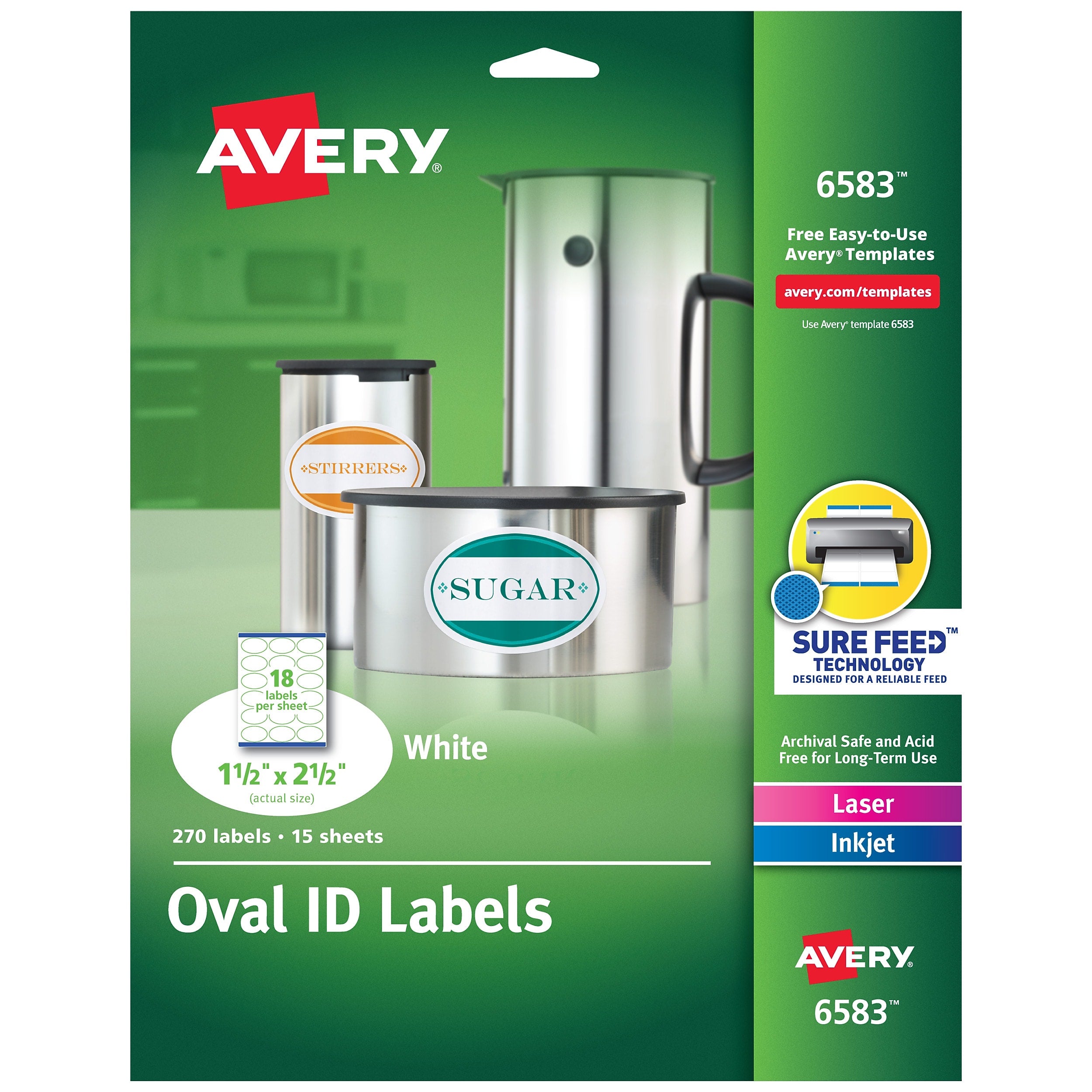 Avery Easy Peel Laser/Inkjet Oval Print to the Edge Labels, 1-1/2" x 2-1/2", White, 270 Labels/Pack (6583)