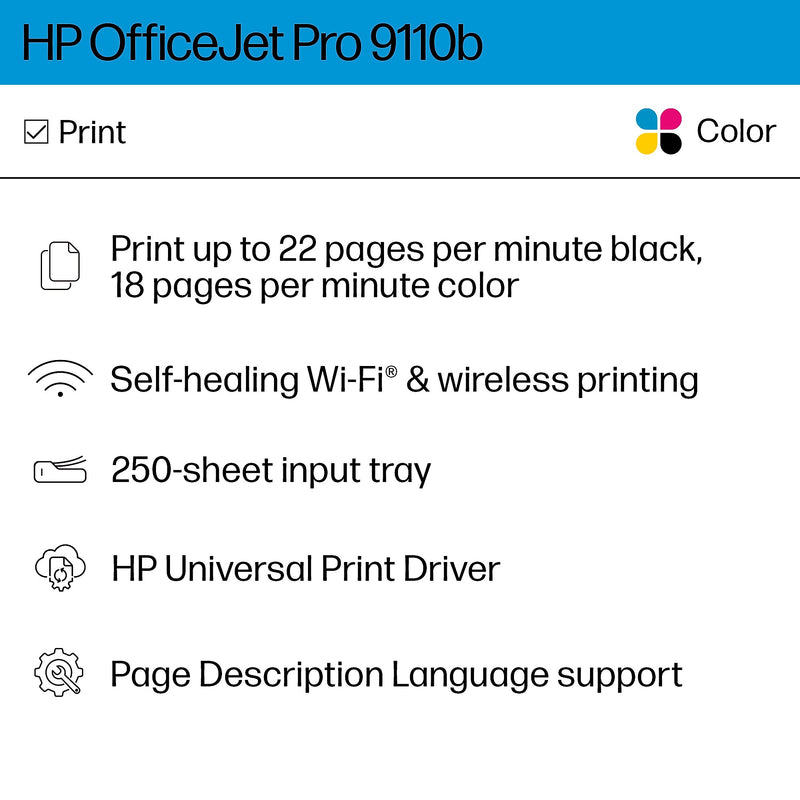 HP OfficeJet Pro 9110b Wireless Color Inkjet Printer, Print Only (5A0S1A)