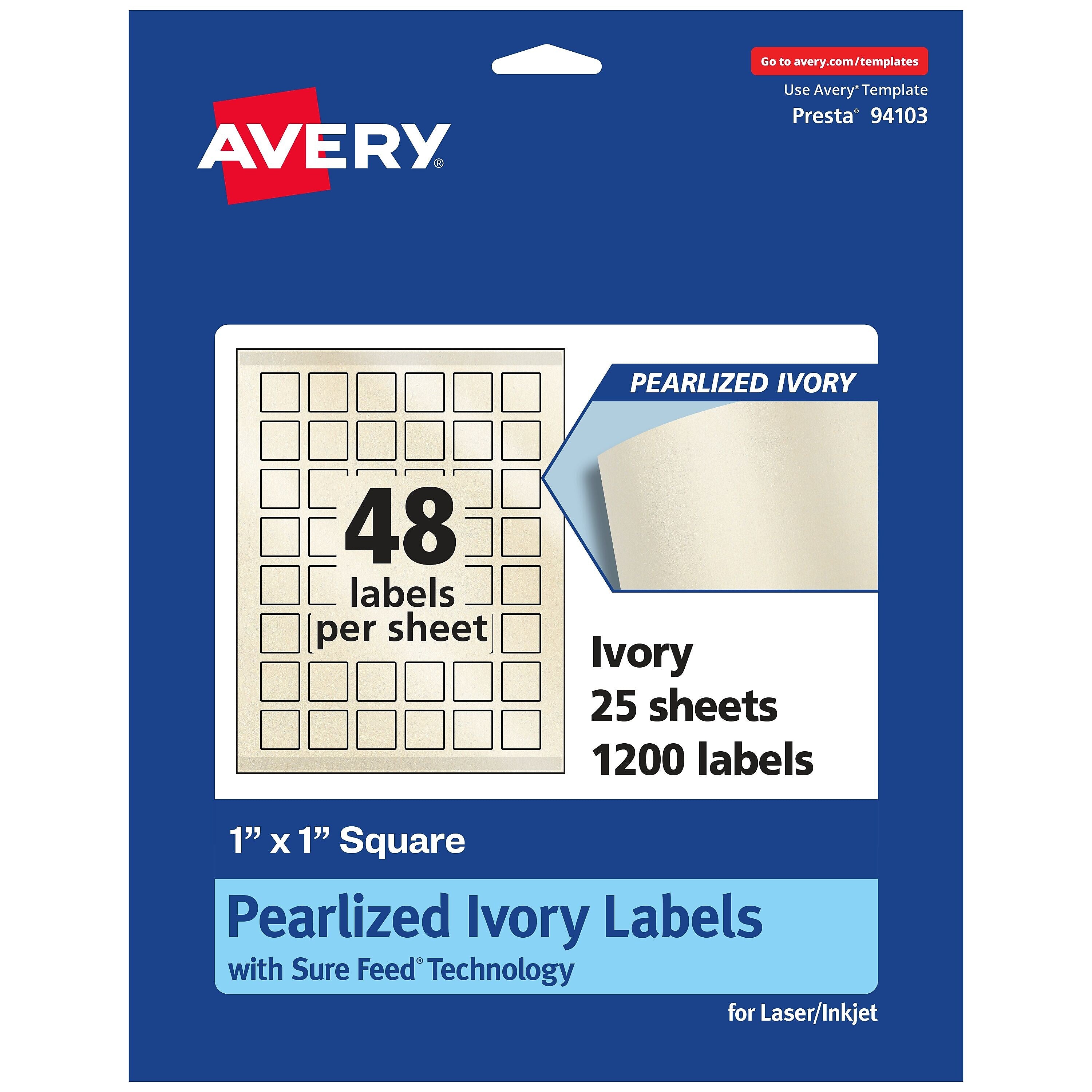 Avery Laser/Inkjet Square Pearlized Labels, 1" x 1", Ivory, 1,200 Labels/Pack (94103)