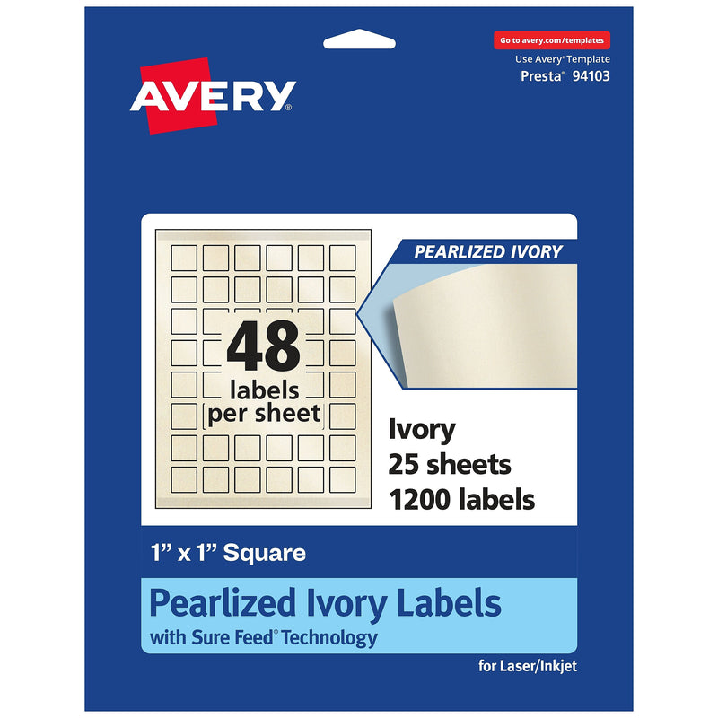 Avery Laser/Inkjet Square Pearlized Labels, 1" x 1", Ivory, 1,200 Labels/Pack (94103)