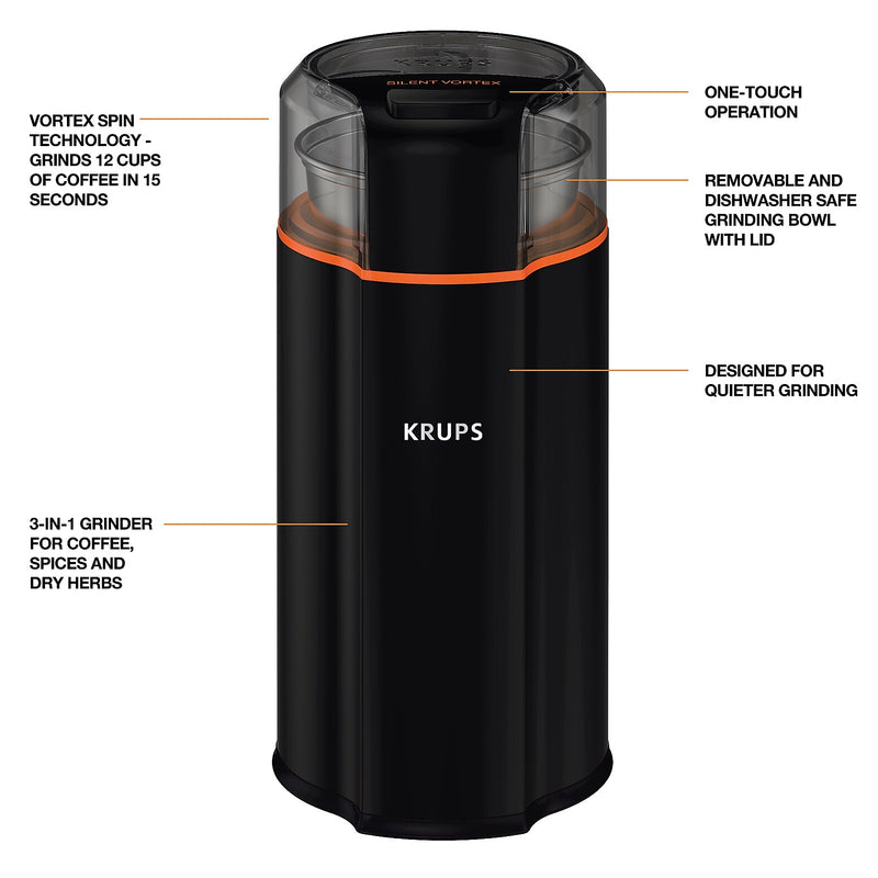 Krups Silent Vortex Blade Coffee Grinder, Black (GX332850)
