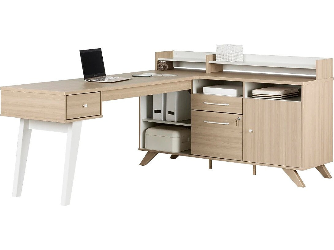 South Shore Helsy 78"W L-Shaped Computer Desk with Removable Hutch, Soft Elm/White (13298)