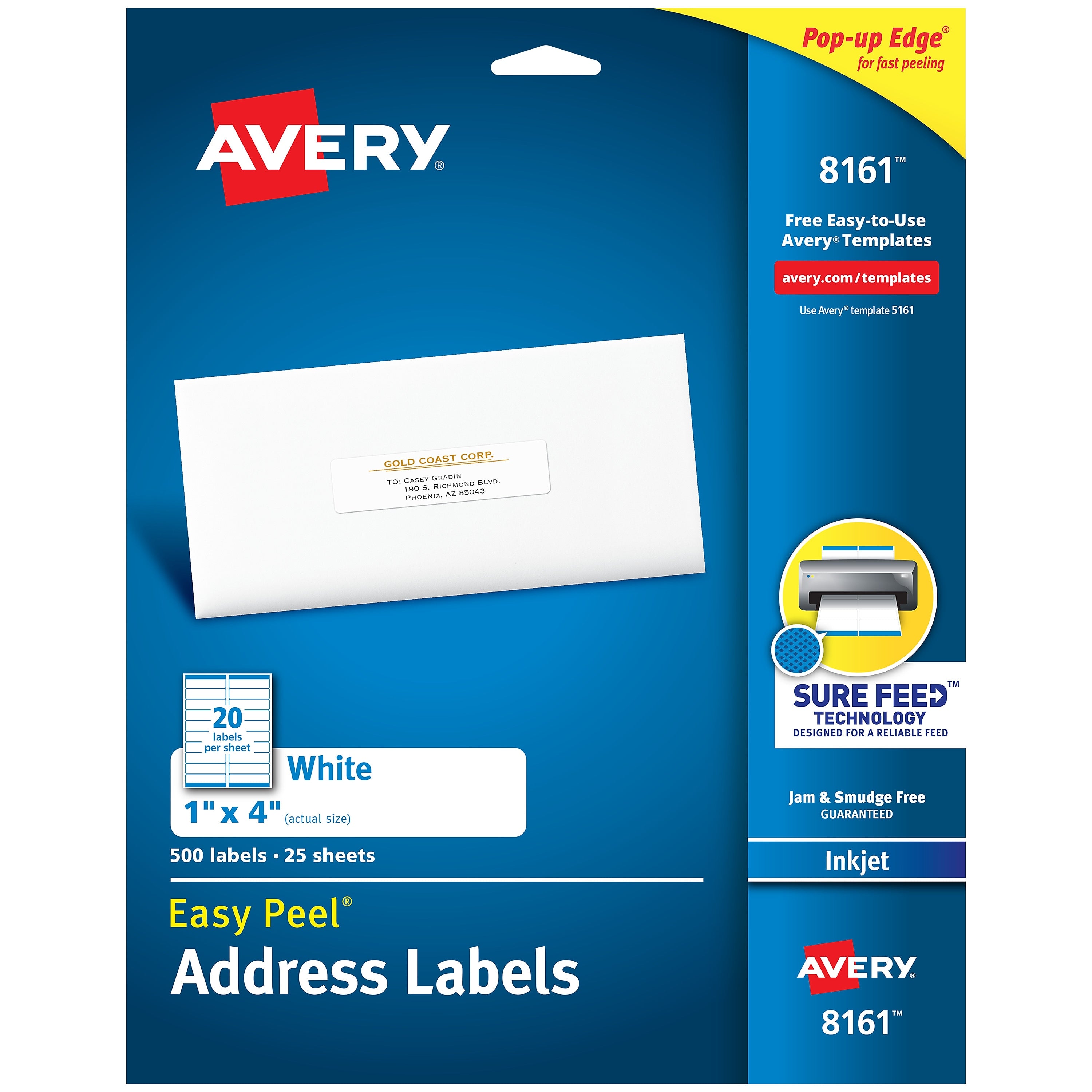 Avery Easy Peel Inkjet Address Labels, 1" x 4", White, 500 Labels/Pack (8161)