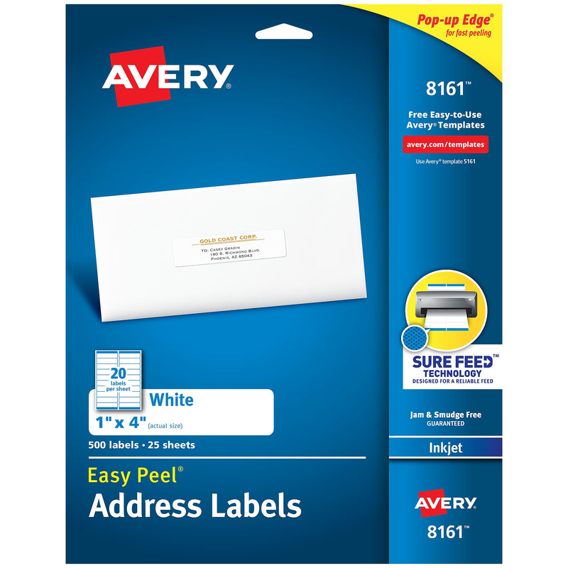 Avery Easy Peel Inkjet Address Labels, 1" x 4", White, 500 Labels/Pack (8161)