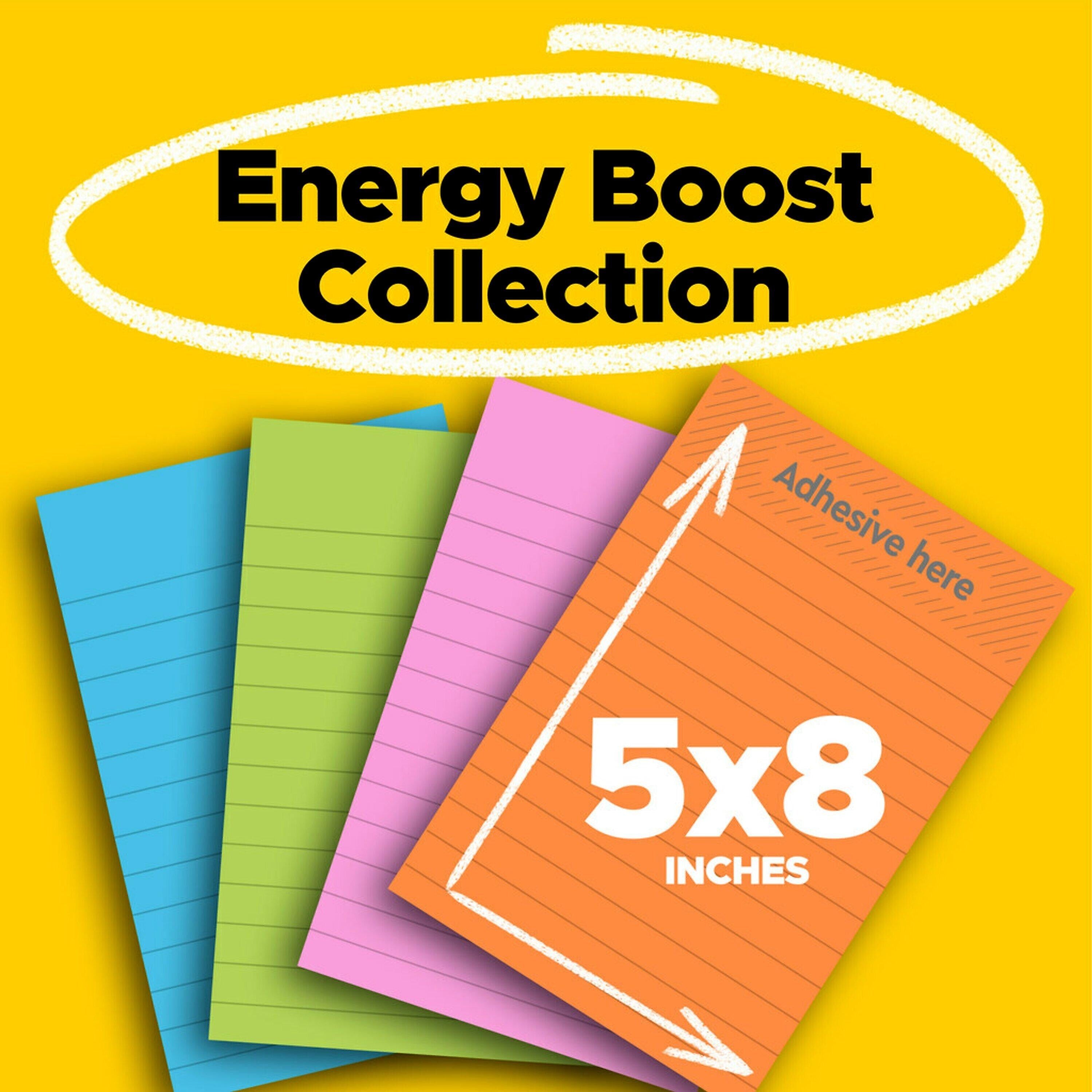Post-it Super Sticky Notes, 5" x 8", Energy Boost Collection, Lined, 45 Sheet/Pad, 4 Pads/Pack (5845SSUC)