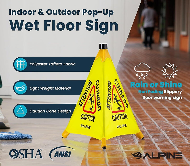 Alpine Industries Wet Floor Cone Sign, 20"H, Yellow, 5/Pack (498-20-5pk)