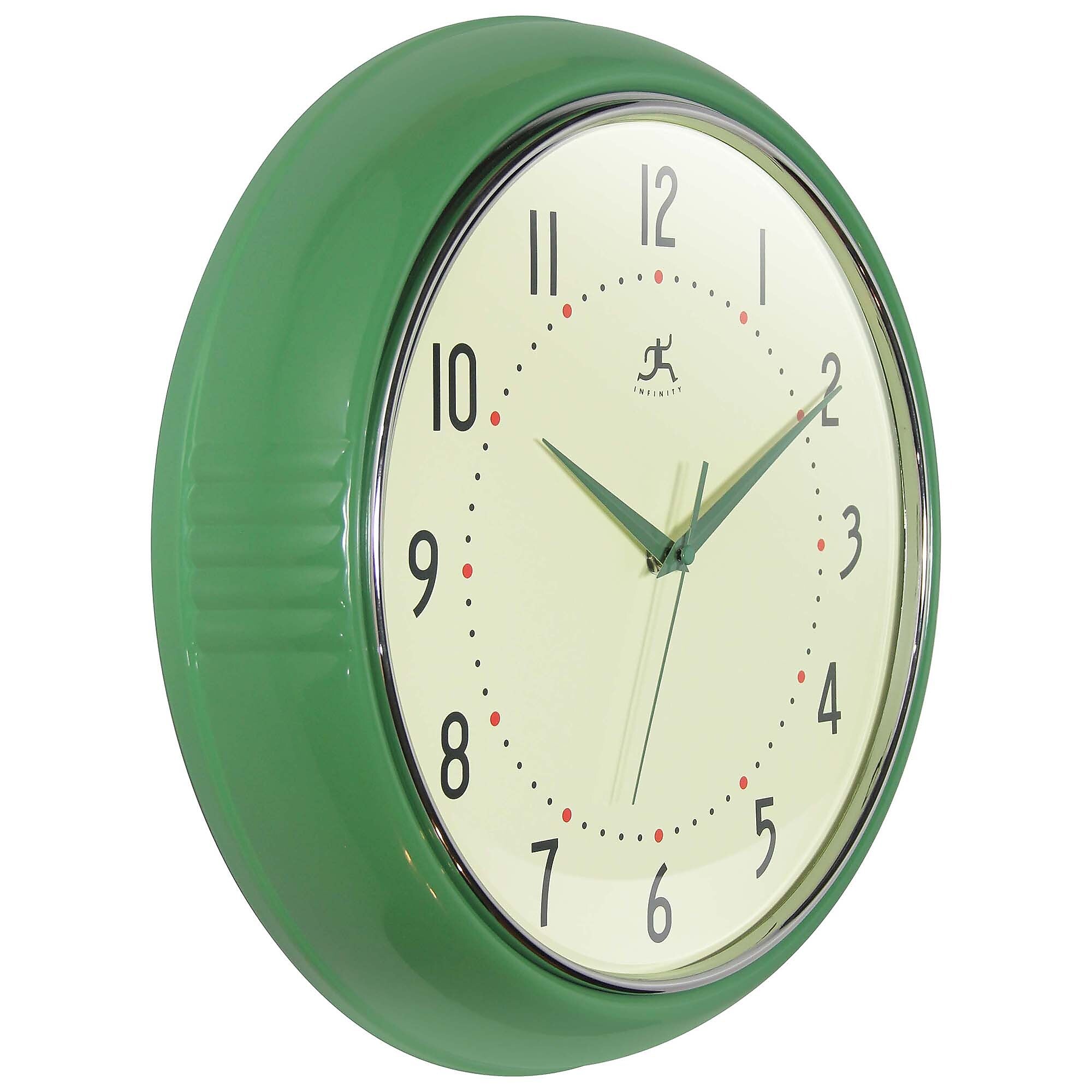Infinity Instruments Round Retro Green Wall Clock, Aluminum, 15" (10940GR-15)