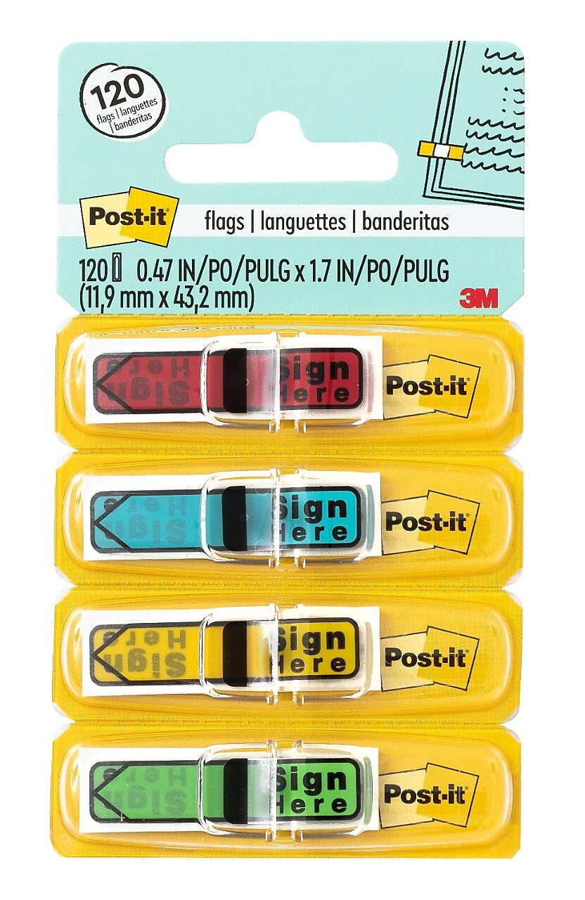 Post-it 'Sign Here' Message Flags, .5" Wide, Assorted Colors, 120 Flags/Pack (684-SH)