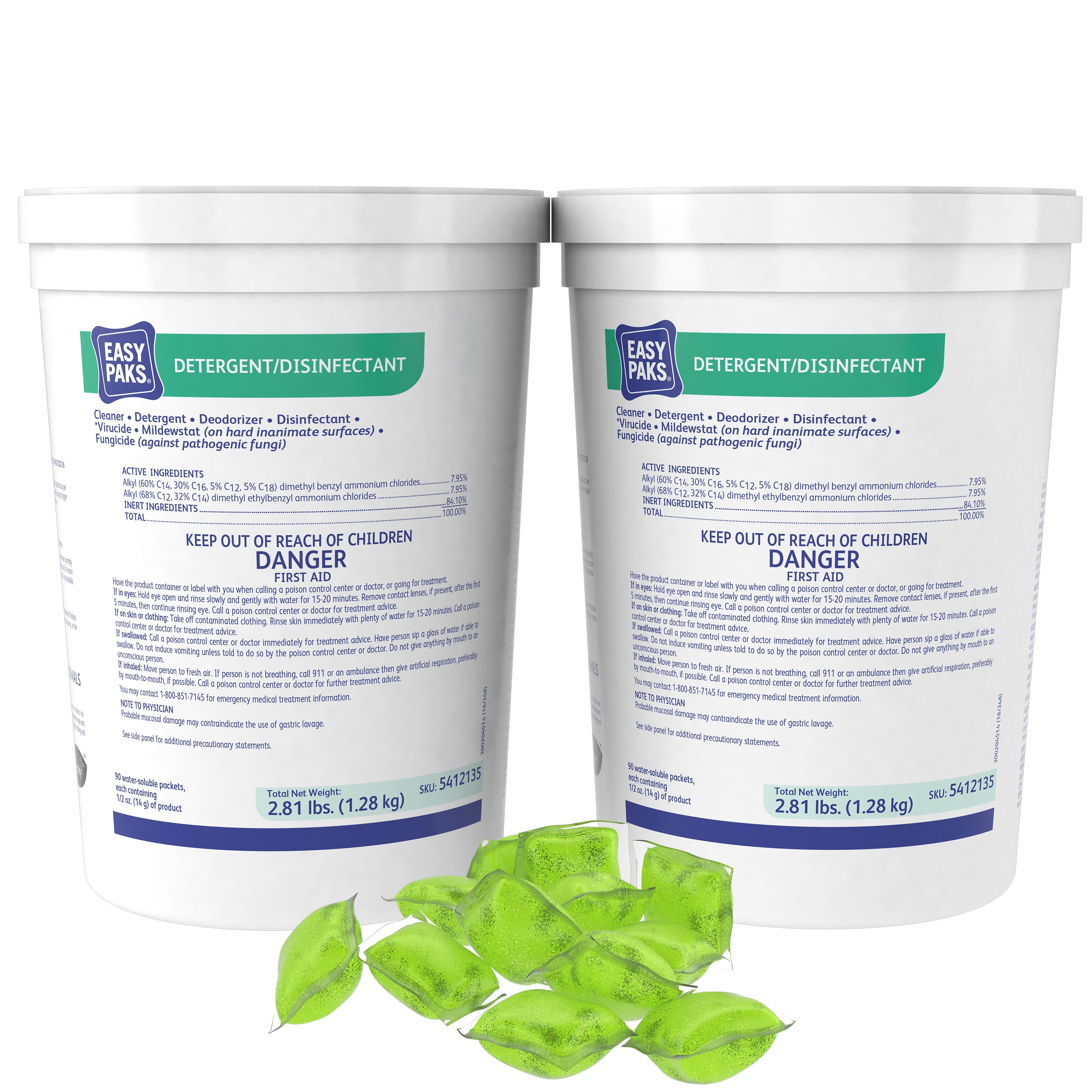 Easy Paks Detergent/Disinfectant, Original Scent, .5 oz. Packets, 90/Tub, 2 Tubs/Carton (DVO5412135)