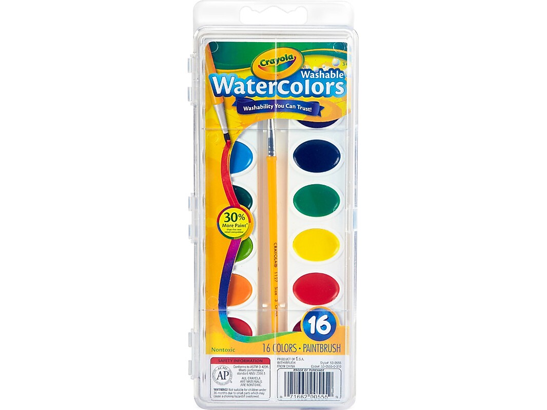 Crayola Washable Watercolor Paints, Assorted Colors, 16/Case, 12 Cases/Carton (53-0555CT)