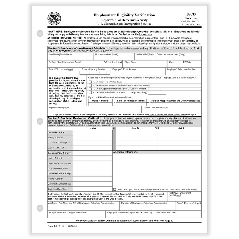 ComplyRight 2025 I-9 Tax Form, 1-Part, I-9, 50/Pack (A2416)