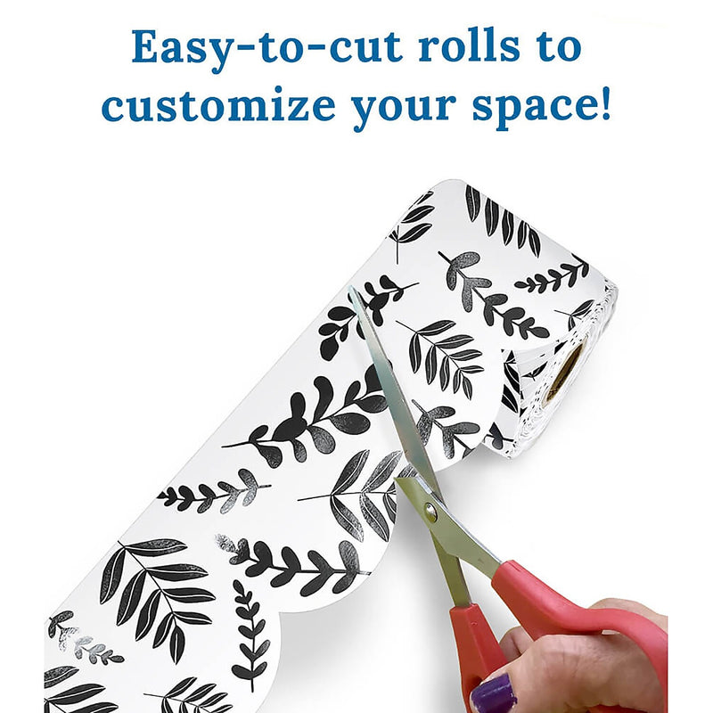 Carson Dellosa Education Rolled Scalloped Borders, 3"x 65', White with Black Leaves, 3/Bundle (CD-108497-3)