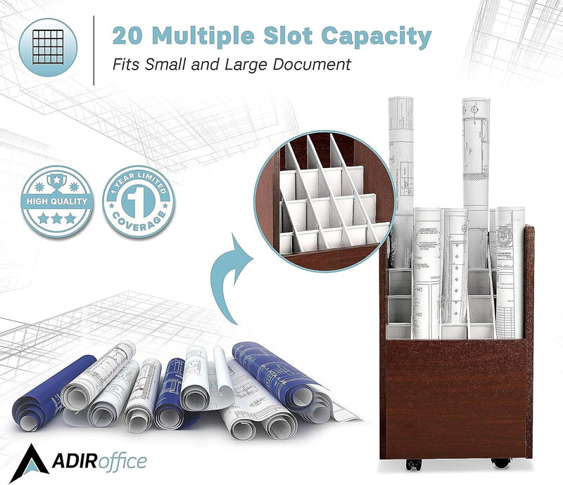 AdirOffice 20-Slot Mobile Roll File, 24.75"H x 15.25"W x 13.25"D, Mahogany (624-MA-KIT1)