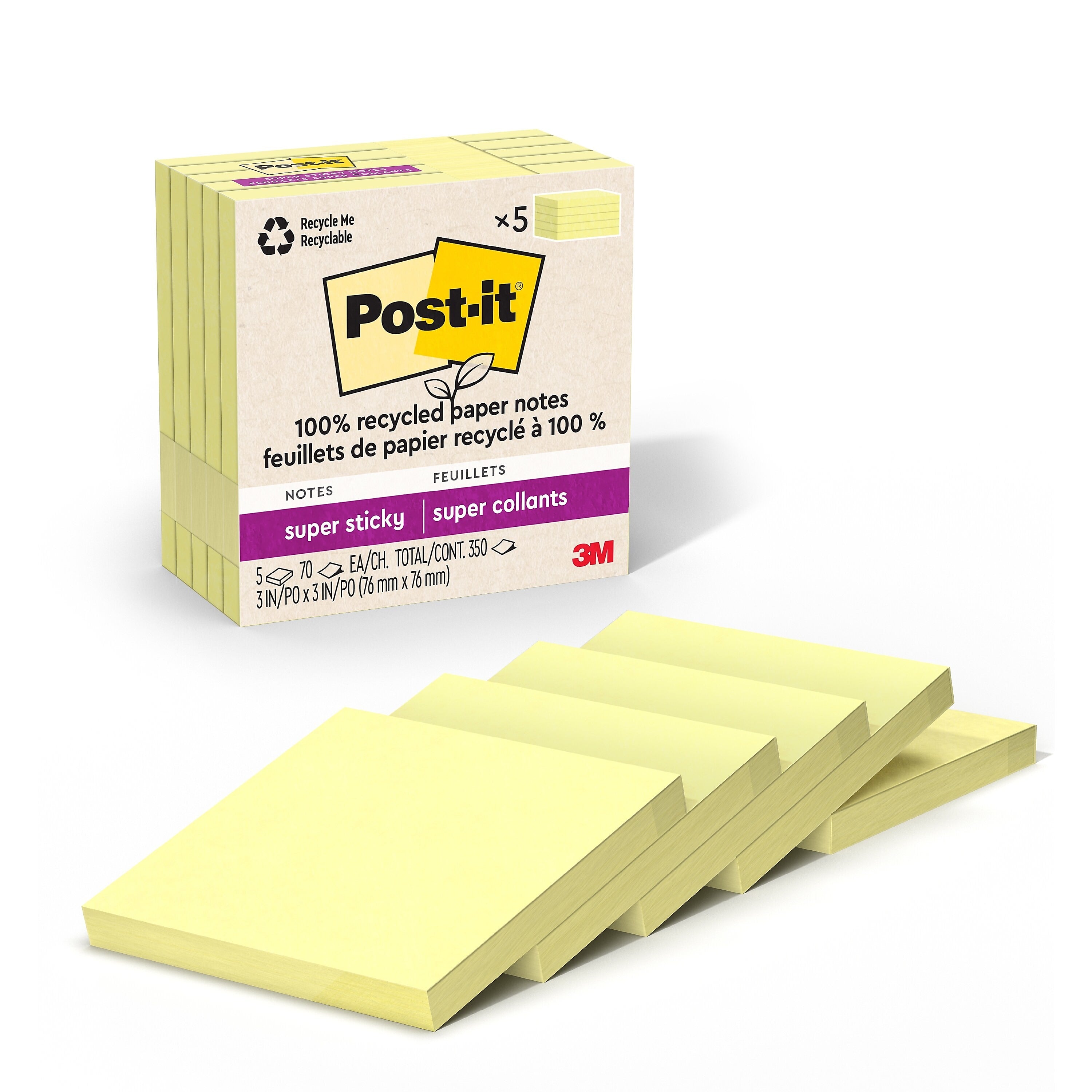 Post-it Recycled Super Sticky Notes, 3" x 3", Canary Collection, 70 Sheets/Pad, 5 Pads/Pack (654R-5SSCY)
