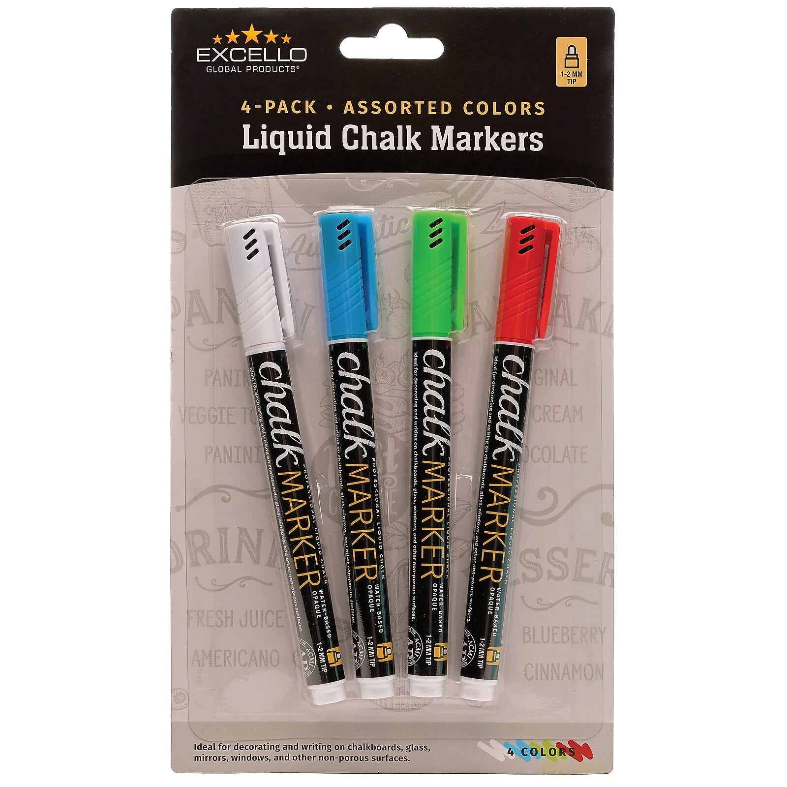 Excello Global Products Washable Chalk Marker, 1-2mm Tip, Assorted Colors, 4/Pack (EGP-HD-0512-S)