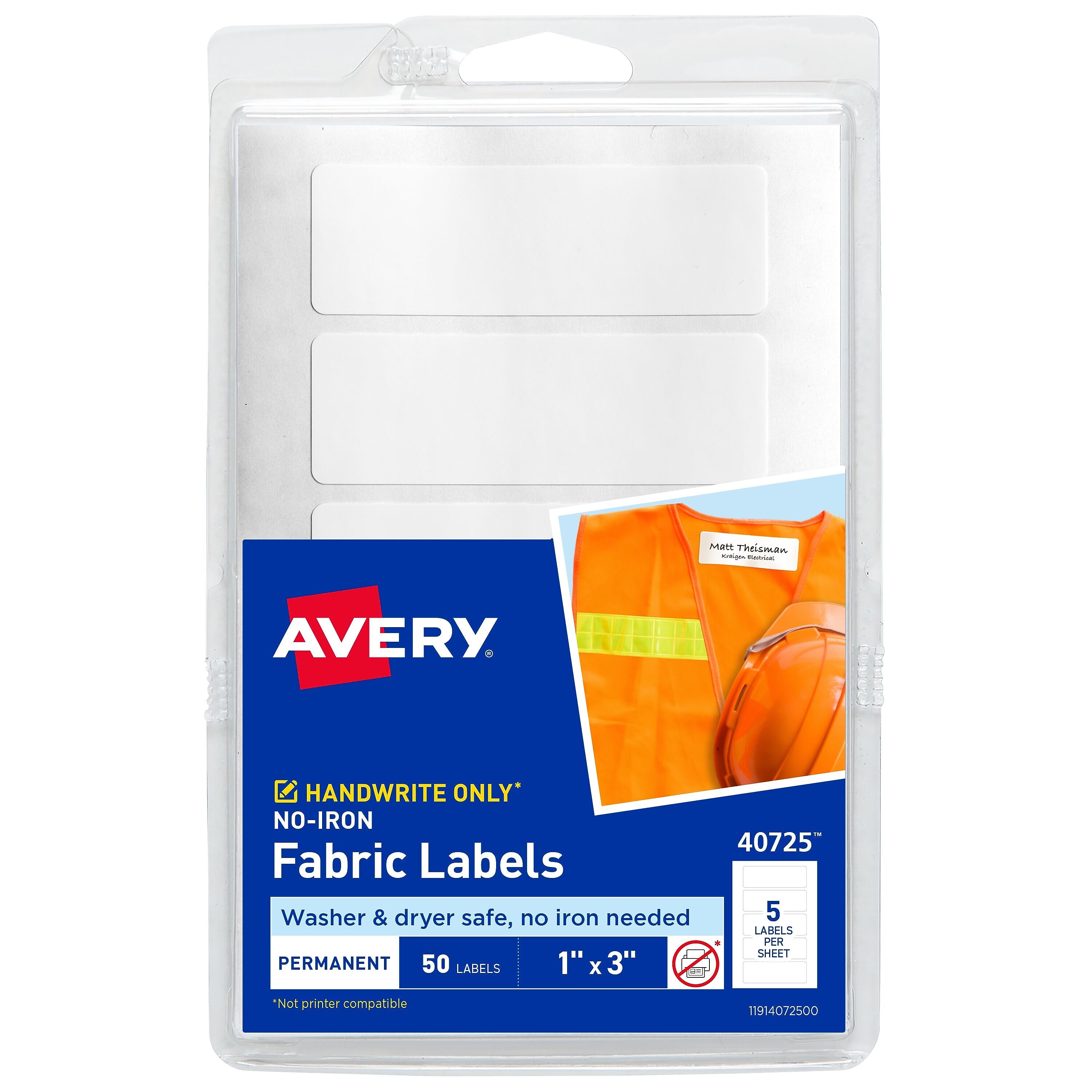 Avery No-Iron Waterproof Fabric Labels, 1" x 3", White, 50 Labels/Pack (40725)