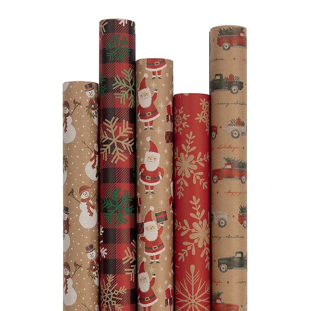 JAM Paper Christmas Wrapping Paper, 25 Sq. ft. x 30", Kraft Christmas Set, 5 Rolls/Pack (165K5KrChr)