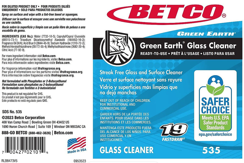 Betco Green Earth Glass Cleaner Bottle Labels, 24/Pack (5359090)