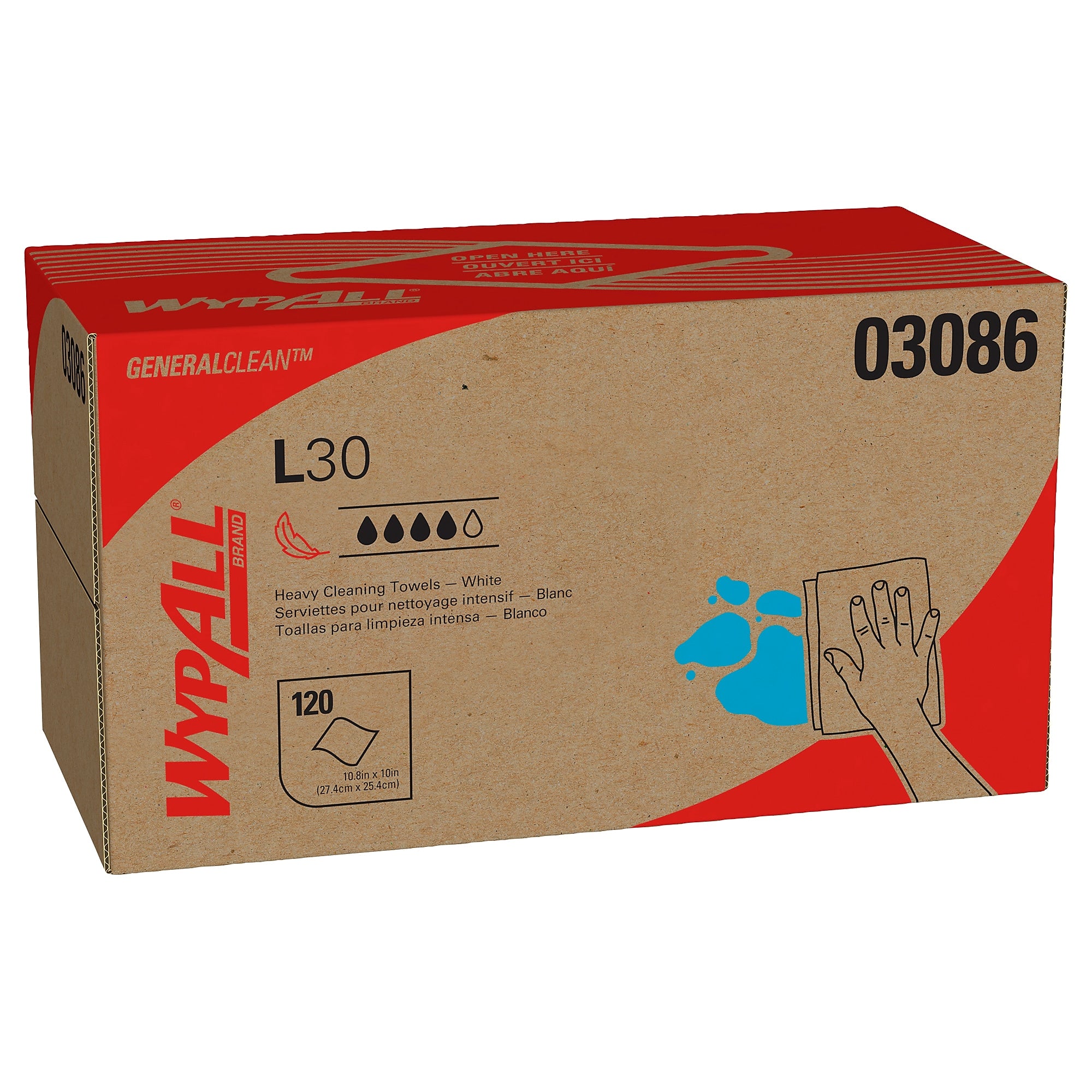 WypAll GeneralClean L30 Cleaning Cloths, 10" x 10.8", White, 12 Sheets/Box, 10 Boxes/Carton (03086)
