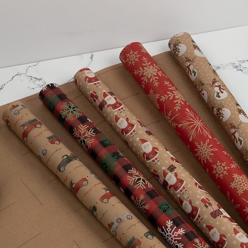 JAM Paper Christmas Wrapping Paper, 25 Sq. ft. x 30", Kraft Christmas Set, 5 Rolls/Pack (165K5KrChr)