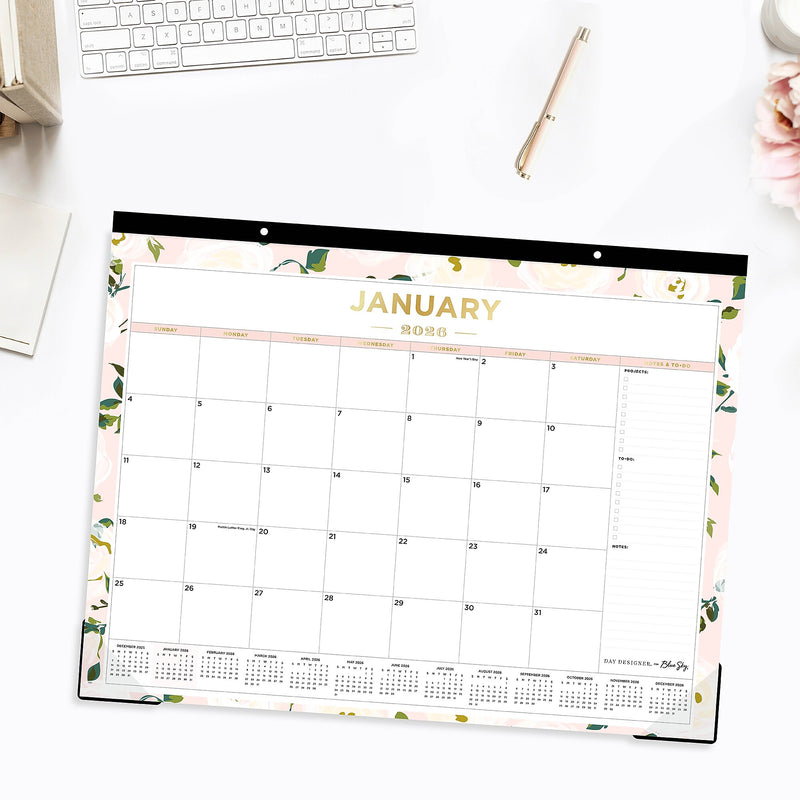 2026 Day Designer for Blue Sky Coming Up Roses Blush 22" x 17" Monthly Desk Calendar (138198-26)