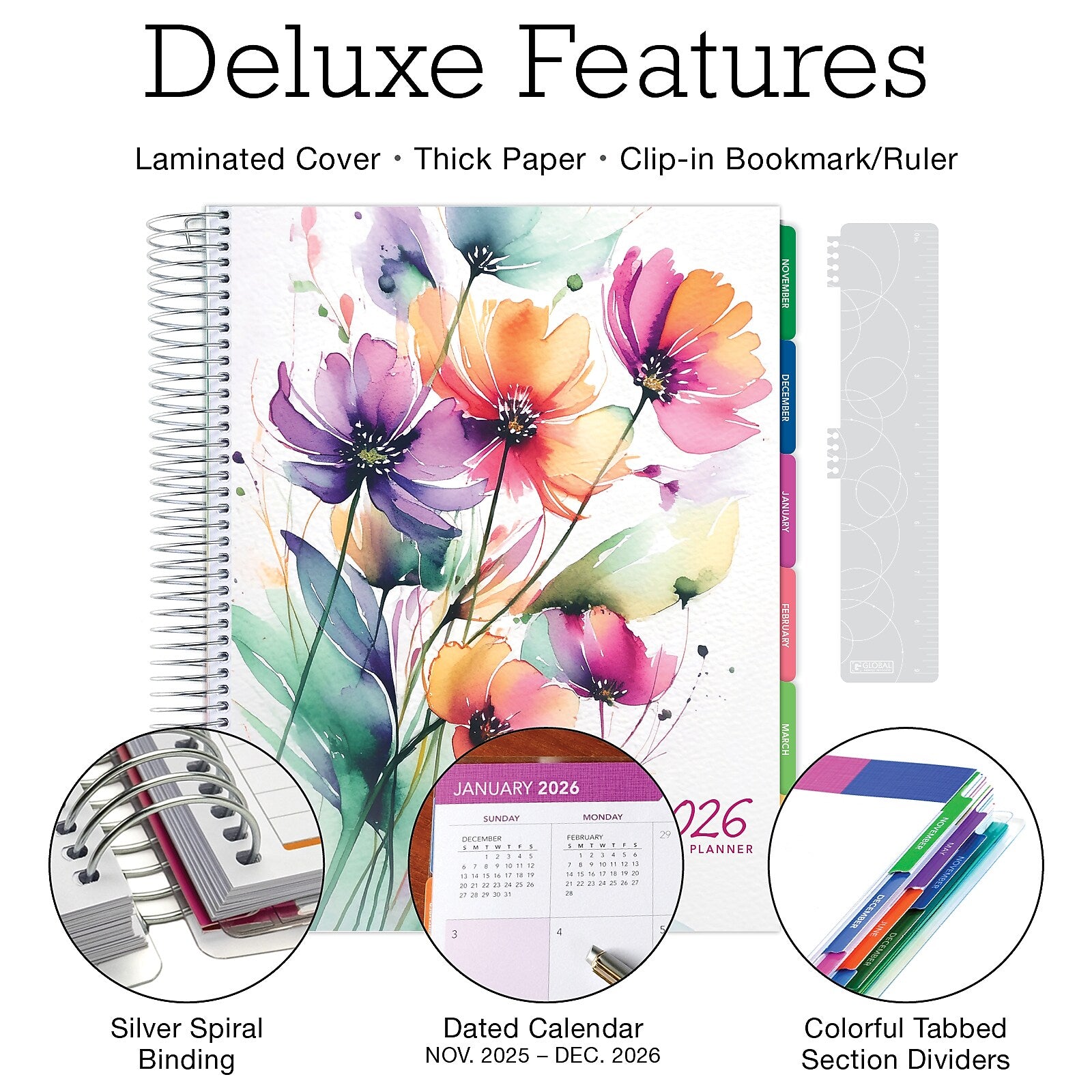 2026 Global Printed Products Rainbow Floral 8.5" x 11" Weekly & Monthly Planner, Paperboard Cover (NRY26-DCY-53)