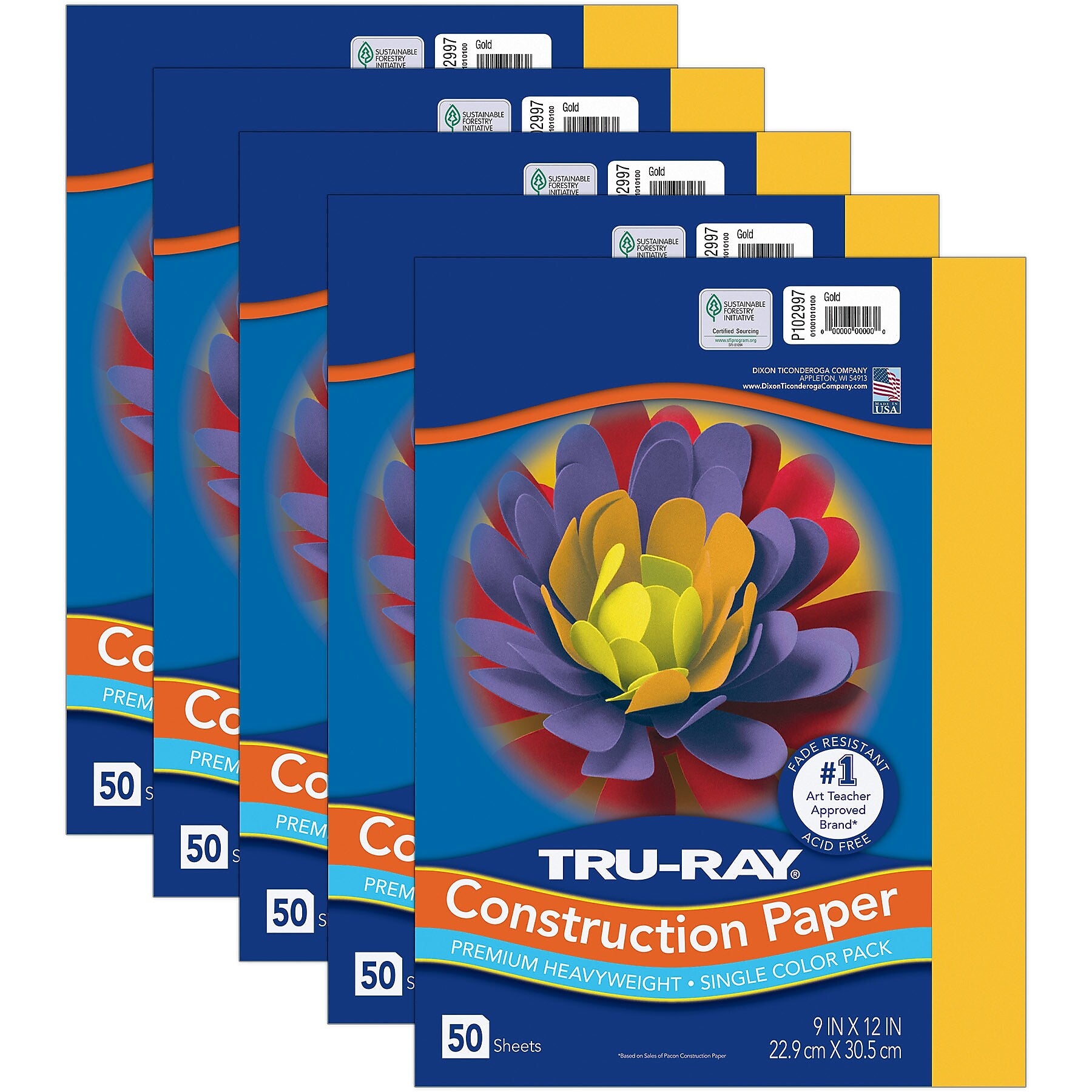 Tru-Ray 9" x 12" Construction Paper, Gold, 50 Sheets/Pack, 5 Packs/Bundle (PAC102997-5)