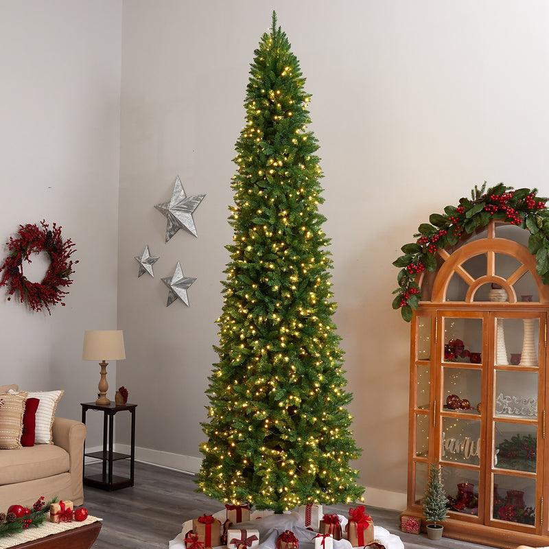 Nearly Natural 12-ft Slim Green Mountain Pine Artificial Christmas Tree with 1100 Clear LED Lights and 3235 Tips (T3330)
