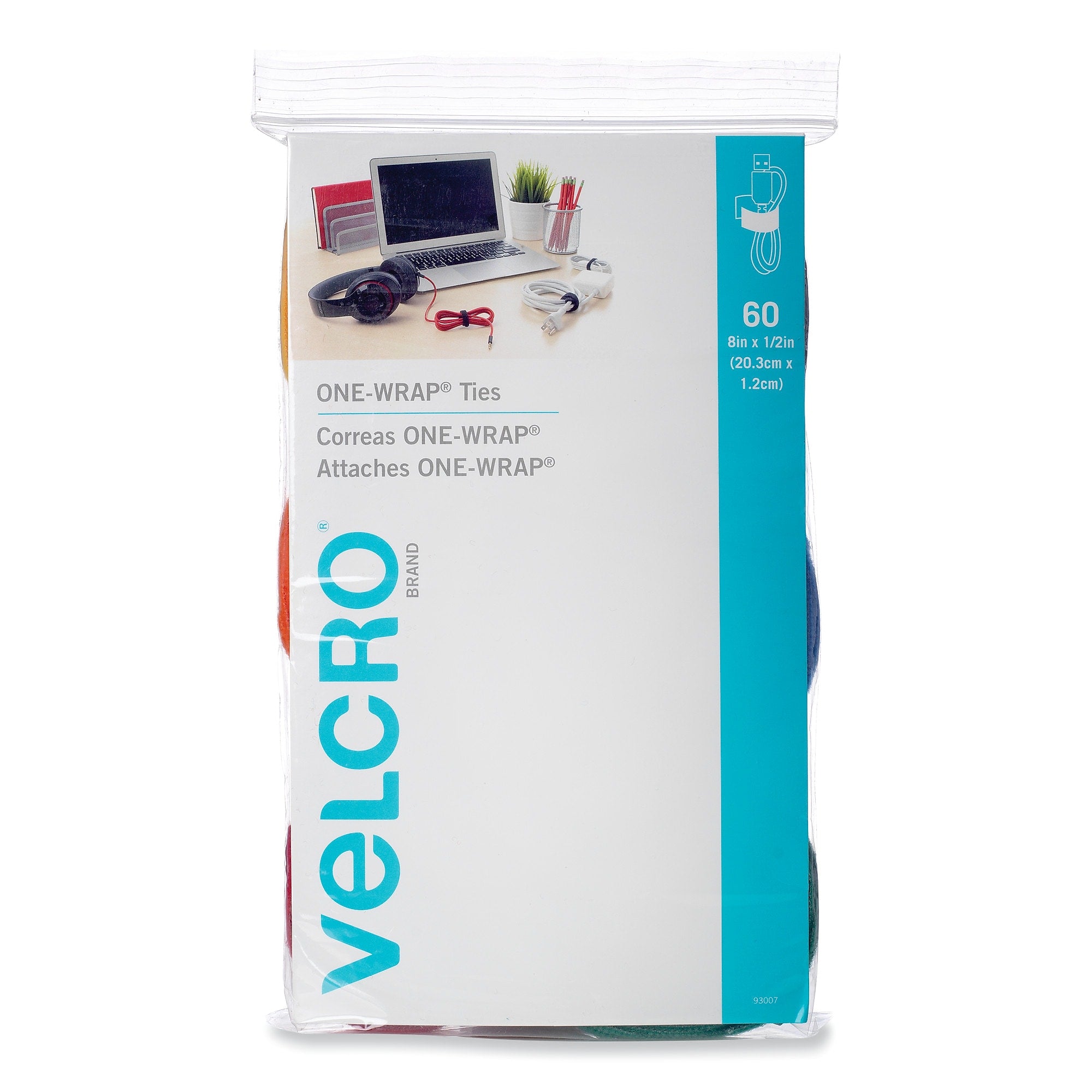 VELCRO® ONE-WRAP Ties and Straps, 0.5" x 8", Assorted Colors, 60/Pack (VEK93007)