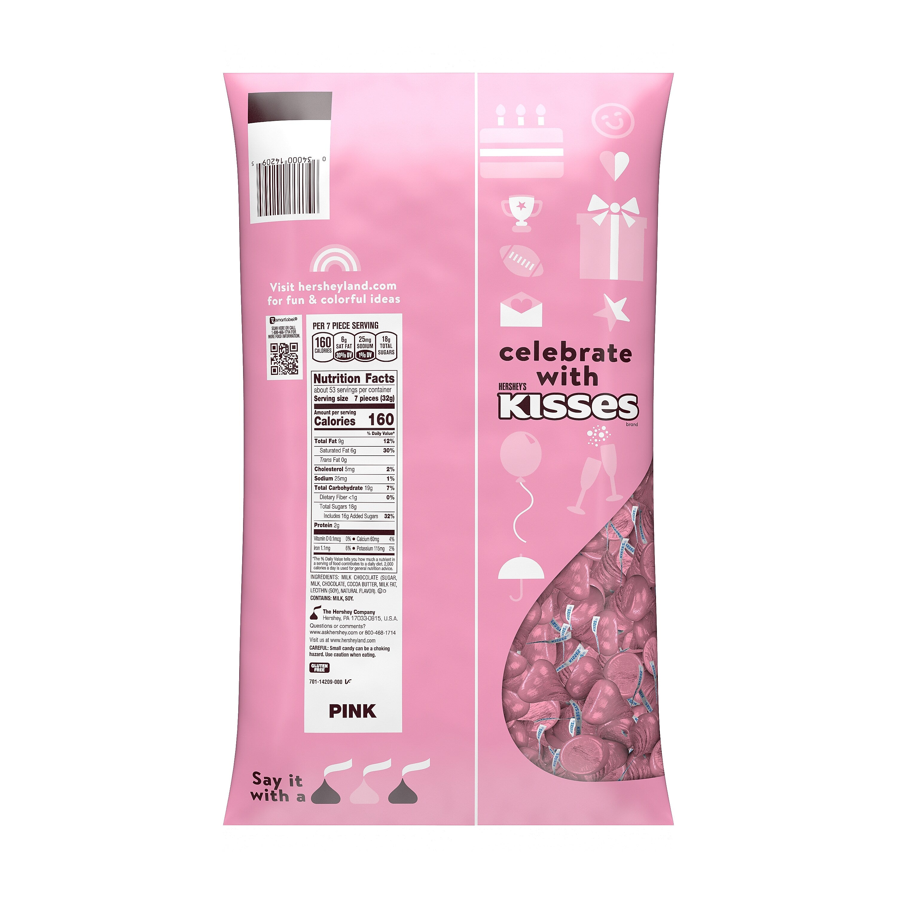 HERSHEY'S KISSES Milk Chocolate Candy Bulk Bag, Pink Foils, 60 oz., 400/Bag (HEC14209)