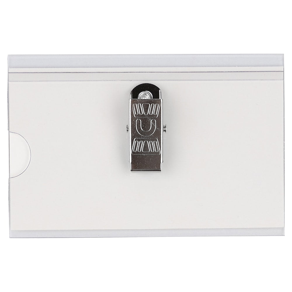 JAM PAPER Plastic Name Tags with Clamp Hook, 3 5/8" x 2 1/4", Clear, 24/Pack (401139014)