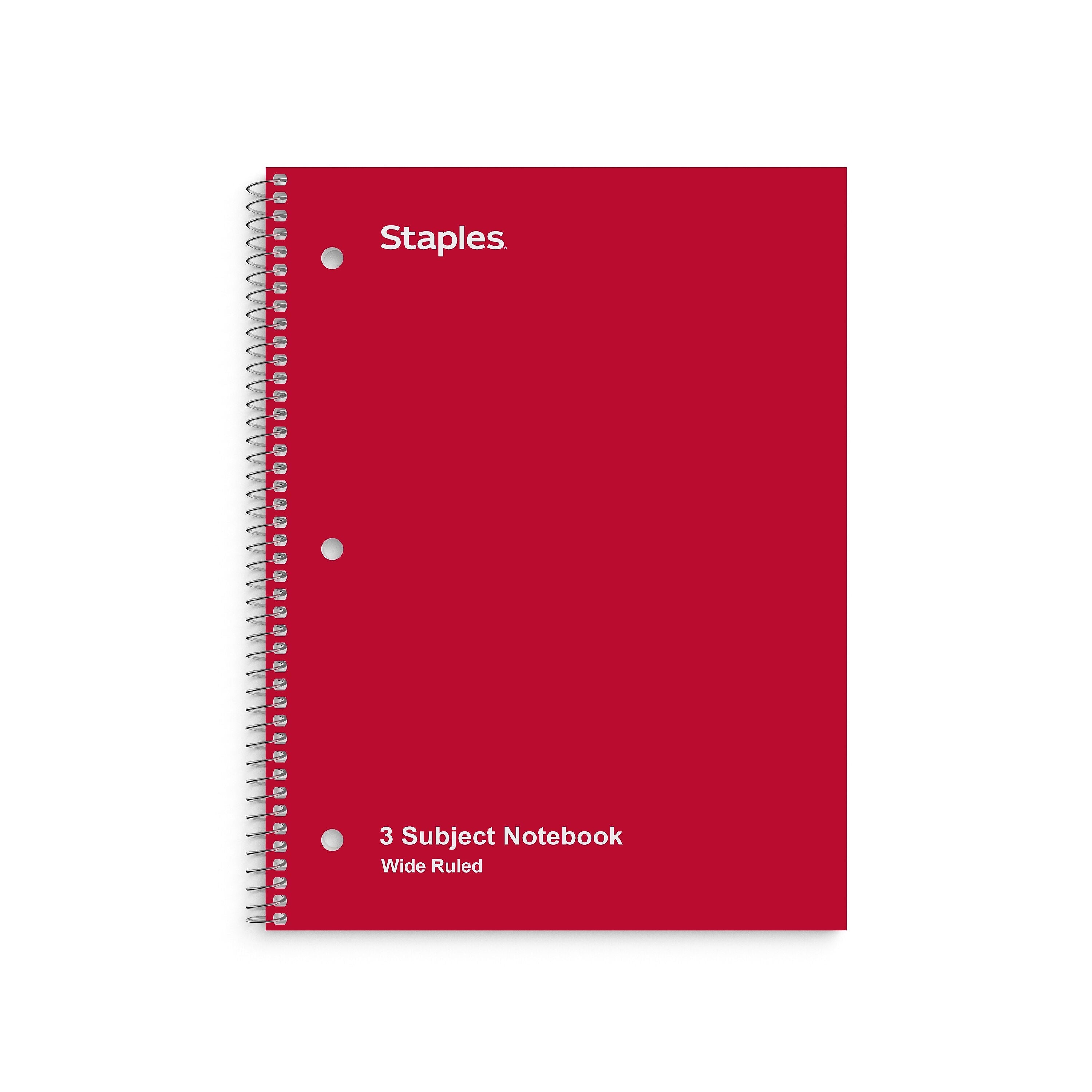 Staples 3-Subject Notebook, 8" x 10.5", Wide Ruled, 120 Sheets, Assorted Colors, 3/Pack (ST11669C)