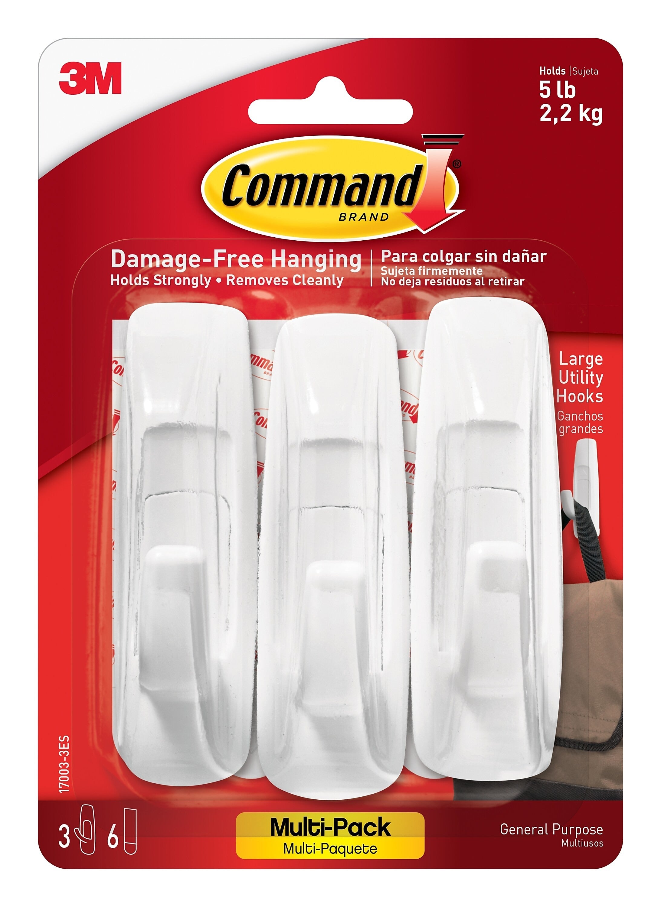 Command Large Utility Hooks, White, Damage Free Hanging of Dorm Room Decorations, 3 Command Hooks, 6 Command Strips (17003-3ES)