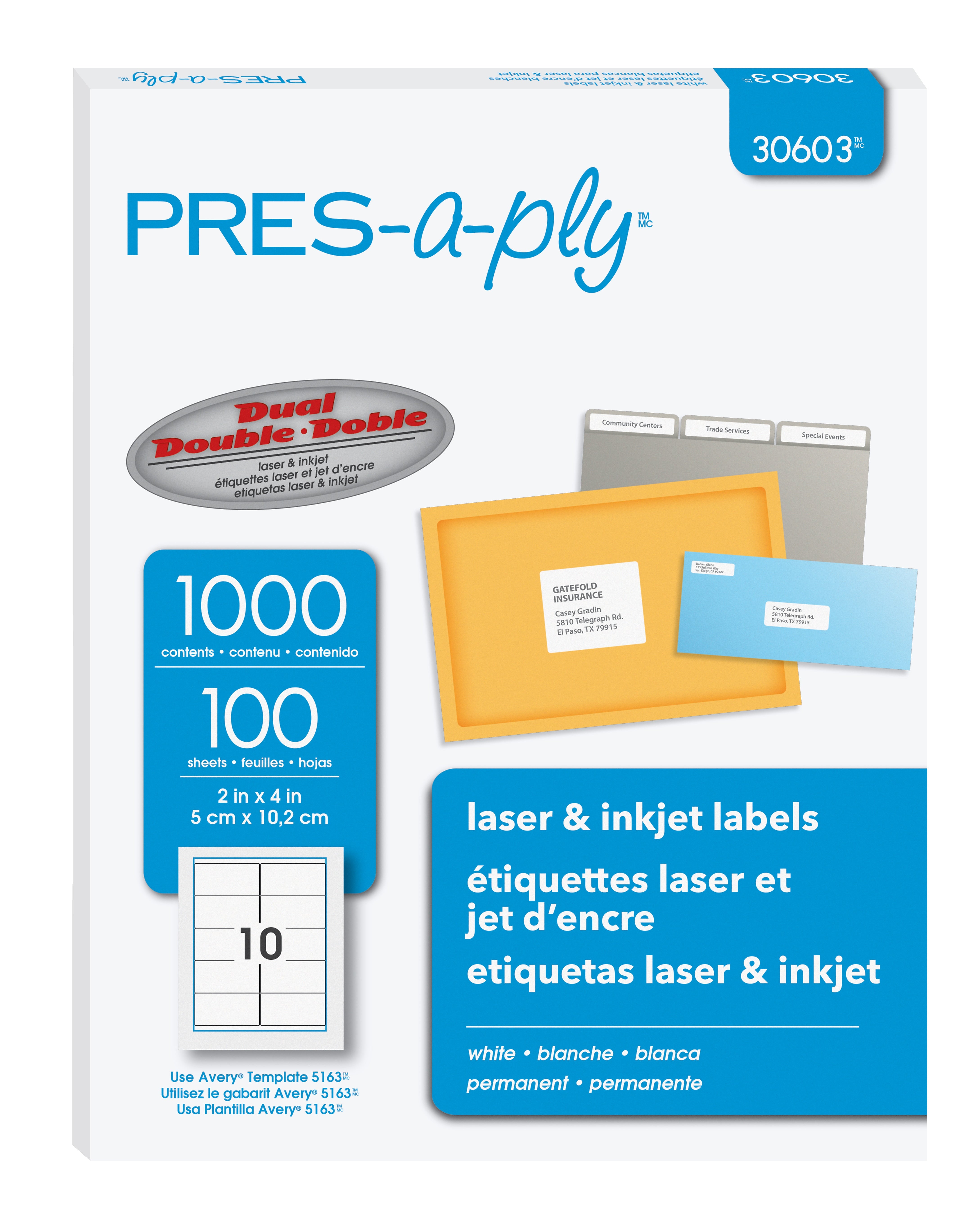PRES-a-ply Laser/Inkjet Shipping Labels, 2" x 4", White, 1,000 Labels/Box (30603)