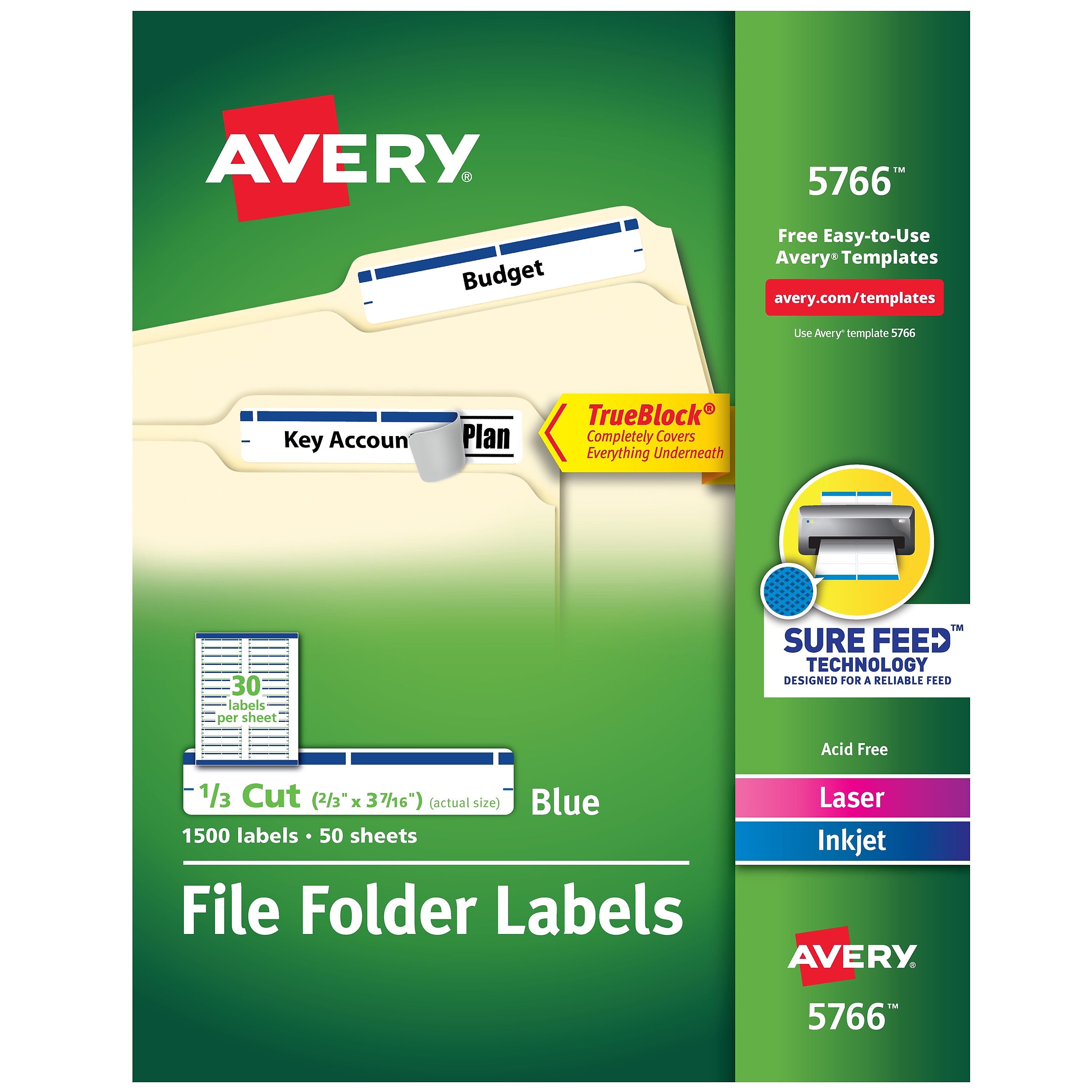 Avery TrueBlock Laser/Inkjet File Folder Labels, 2/3" x 3-7/16", White/Blue, 1,500 Labels/Pack (5766)