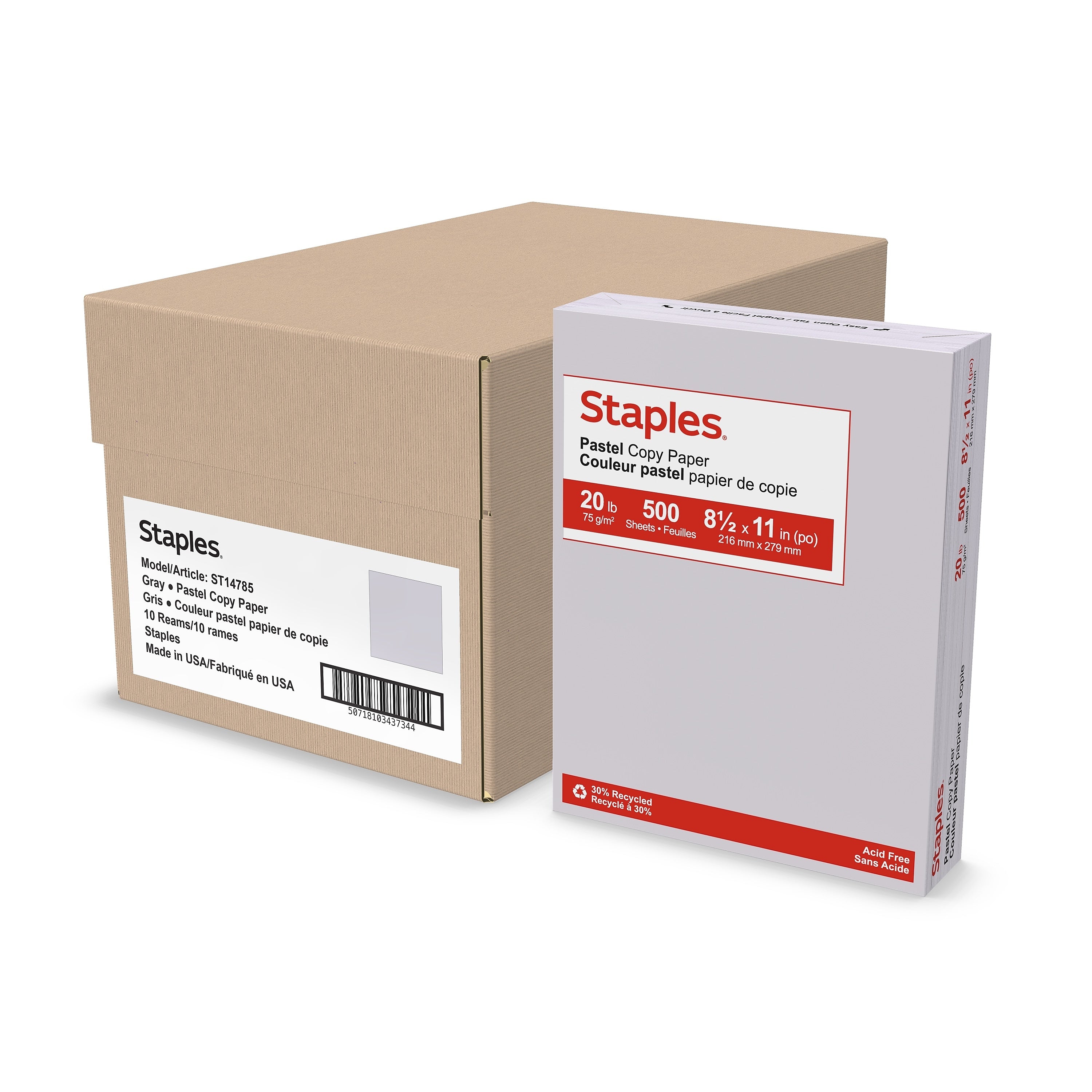 Staples Pastel 30% Recycled Color Copy Paper, 20 lbs., 8.5" x 11", Gray, 500 Sheets/Ream, 10 Reams/Carton (073050CT)