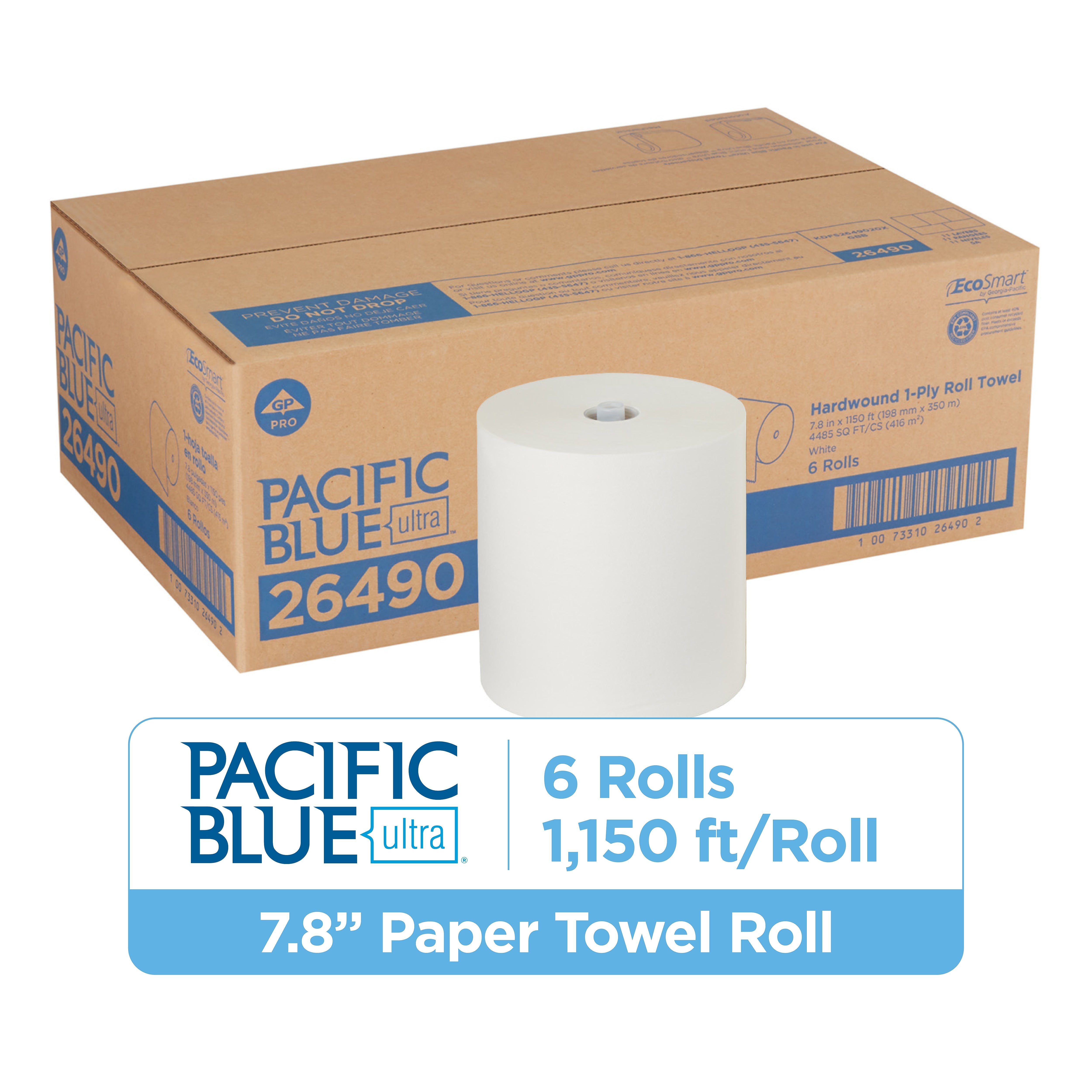 Pacific Blue Ultra Hardwound Paper Towels, 1-Ply, 6 Rolls/Carton (26490)
