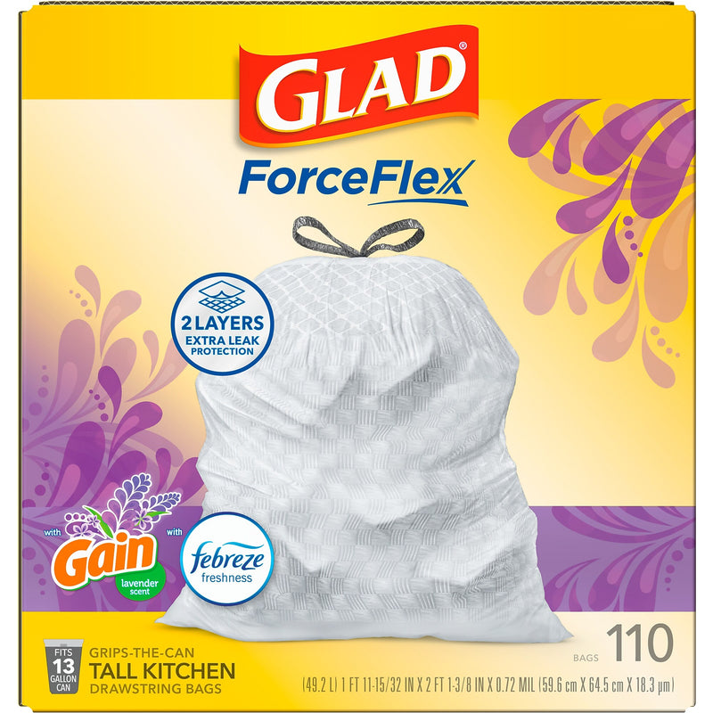 Glad ForceFlex Tall Kitchen Drawstring Trash Bags, 13 Gallon, Gain Lavender with Febreze Freshness, 110 Count (79157)